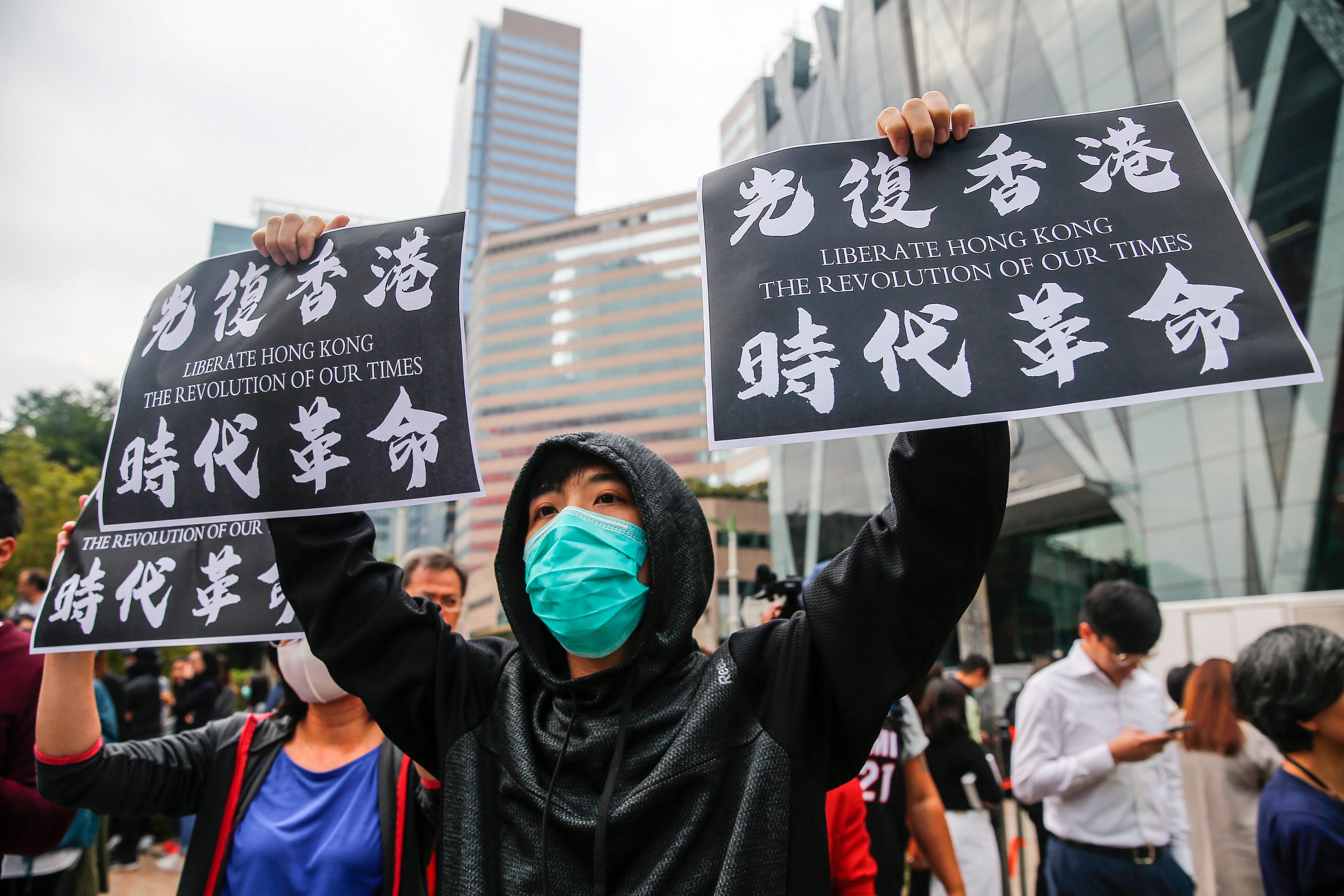A lunchtime anti-government rally in Kowloon Bay, Hong Kong (Fazry Ismail/EPA)