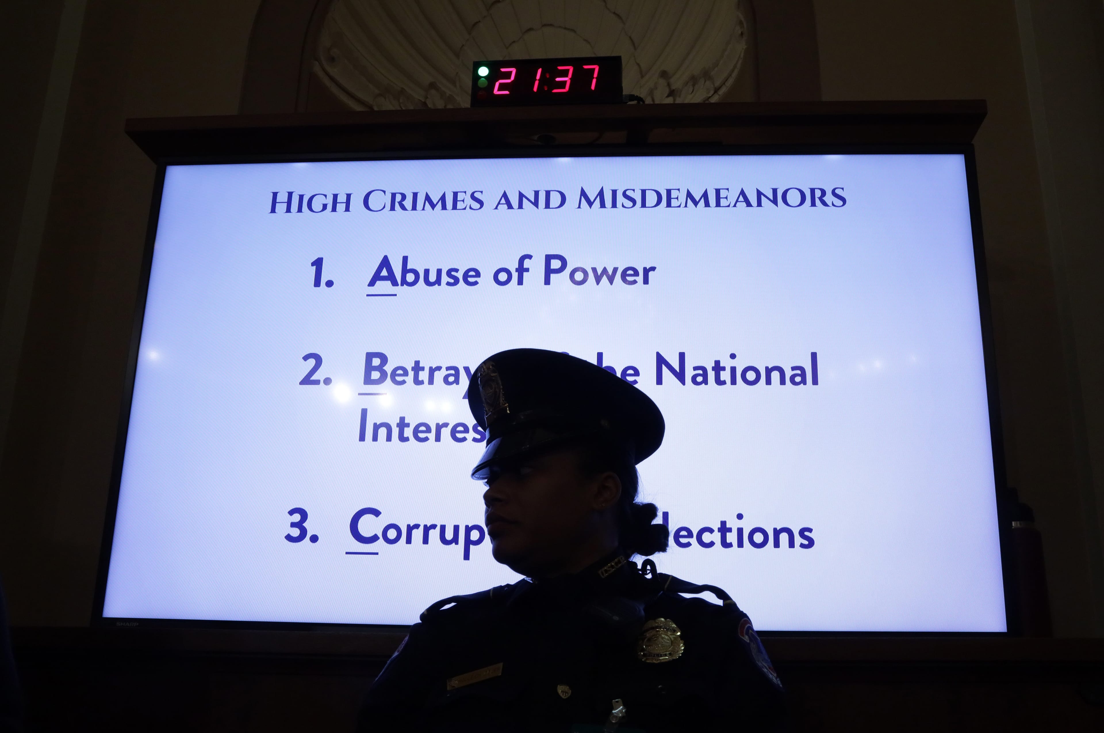 A list of high crimes and misdemeanors are listed on a monitor as constitutional scholars weigh in on Trump's impeachment. (Alex Wong/Getty Images)