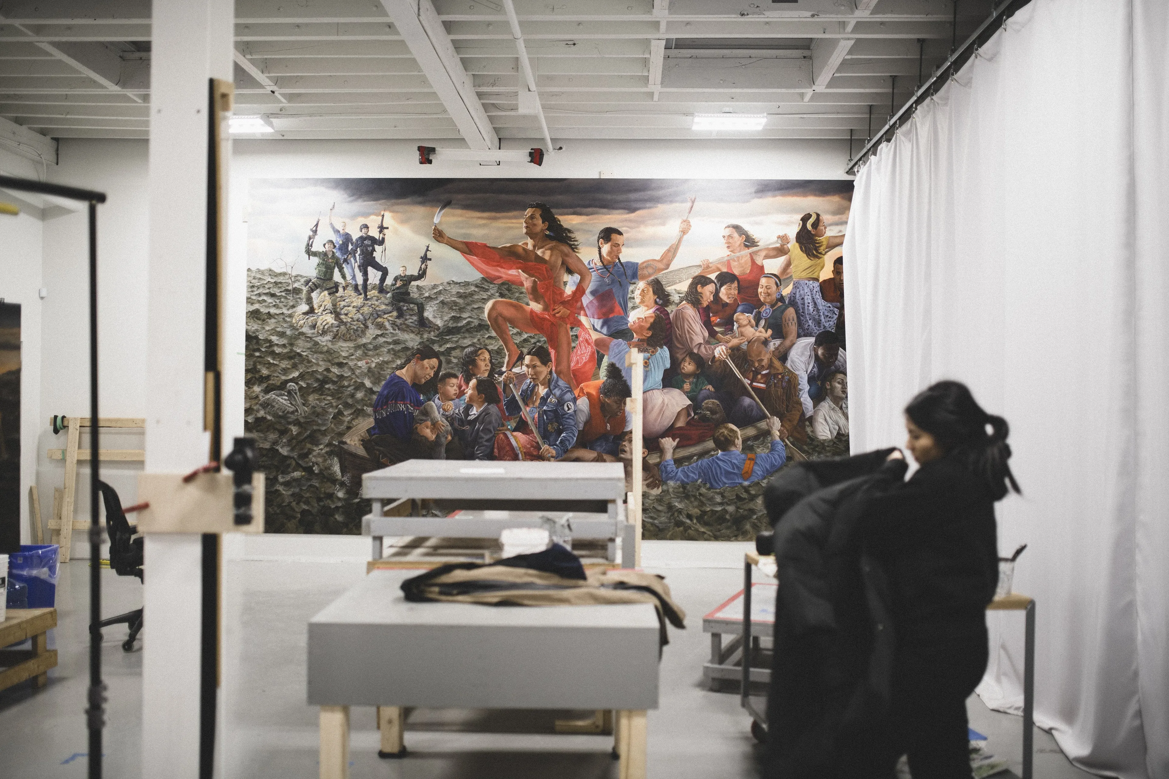 Monkman's studio, before the launch of his Mistikôsiwak (Wooden Boat People) exhibit at the Metropolitan Museum of Art in New York (Photograph by Jalani Morgan)