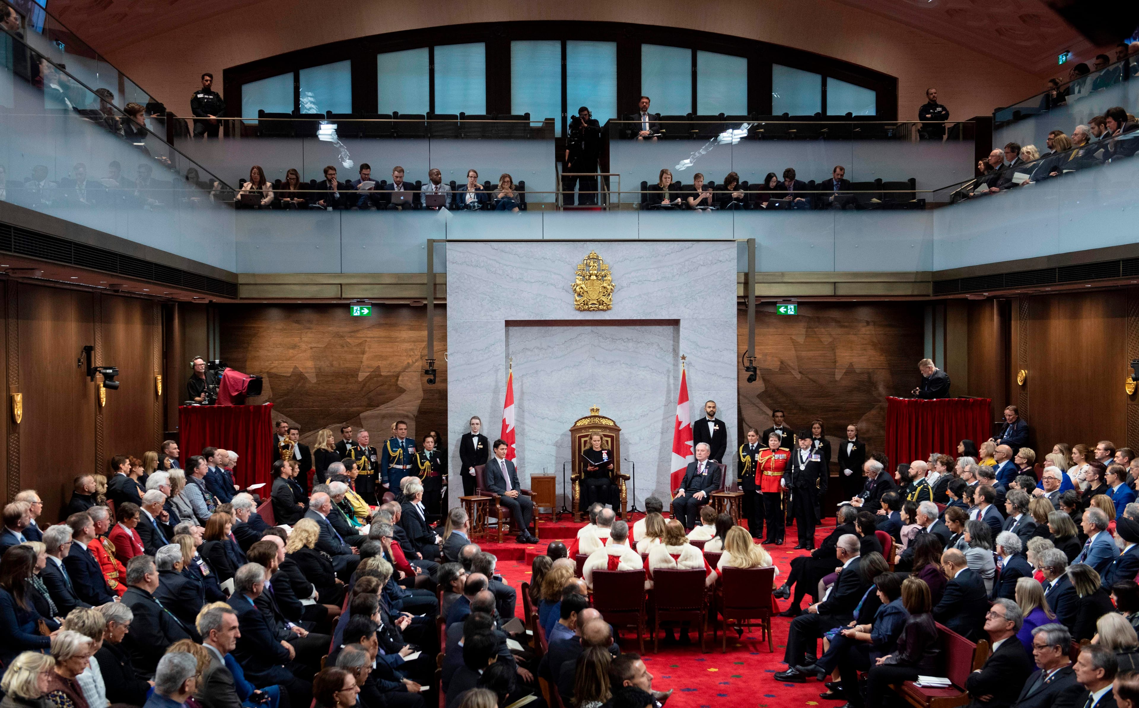 Governor General Julie Payette delivers the Speech from the Throne as Canadian Prime Minister Justin Trudeau (center L) looks on at the Senate in Ottawa on December 5, 2019. (Photo by Sean Kilpatrick / POOL / AFP) (Photo by SEAN KILPATRICK/POOL/AFP via Getty Images)