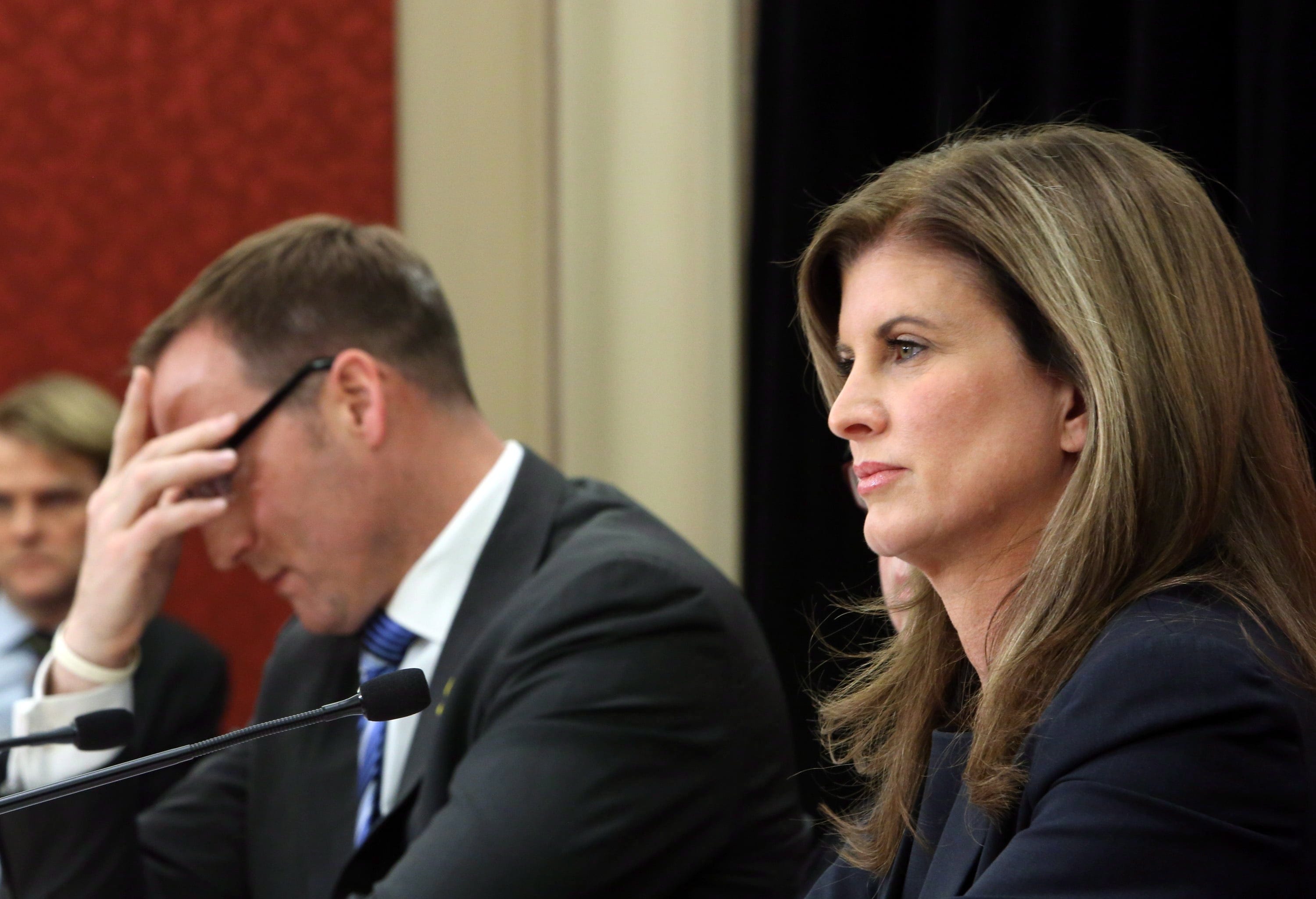 MacKay and Ambrose take part in a news conference about the purchase of F-35 fighter jets on Parliament Hill on Dec. 12, 2012 (CP/Fred Chartrand)
