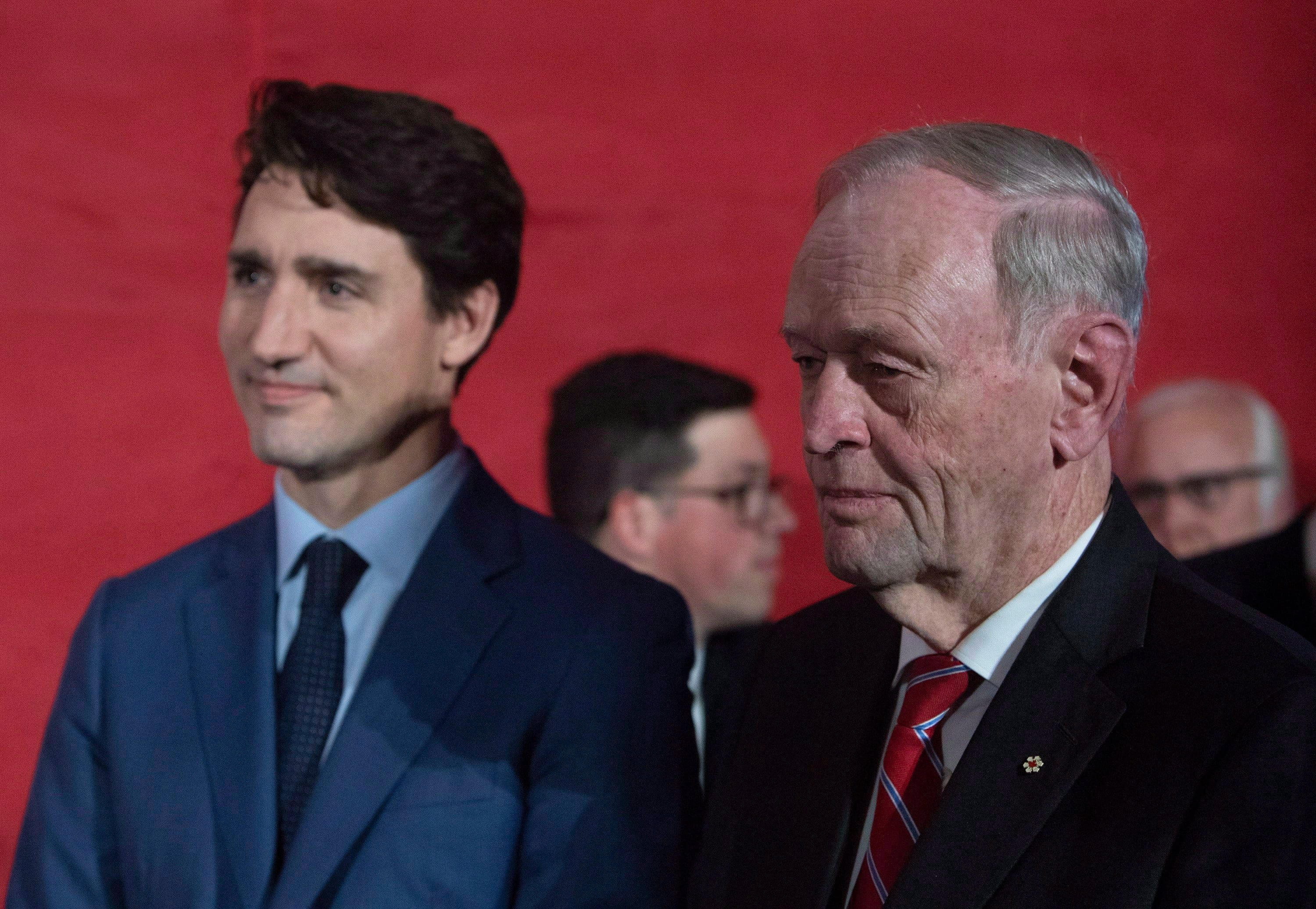 Trudeau stands with Chretien at a reception celebrating 25 years since Chretien was elected in his first term as prime minister, Oct. 25, 2018 (CP/Fred Chartrand)