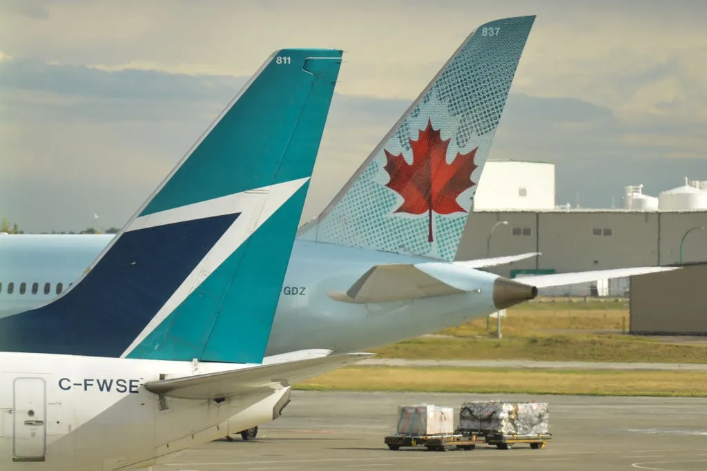 A view of Air Canada and WestJet planes at Calgary International Airport.
On Monday, September 10th, 2018, in Calgary, Alberta, Canada. (Artur Widak/NurPhoto/Getty Images)