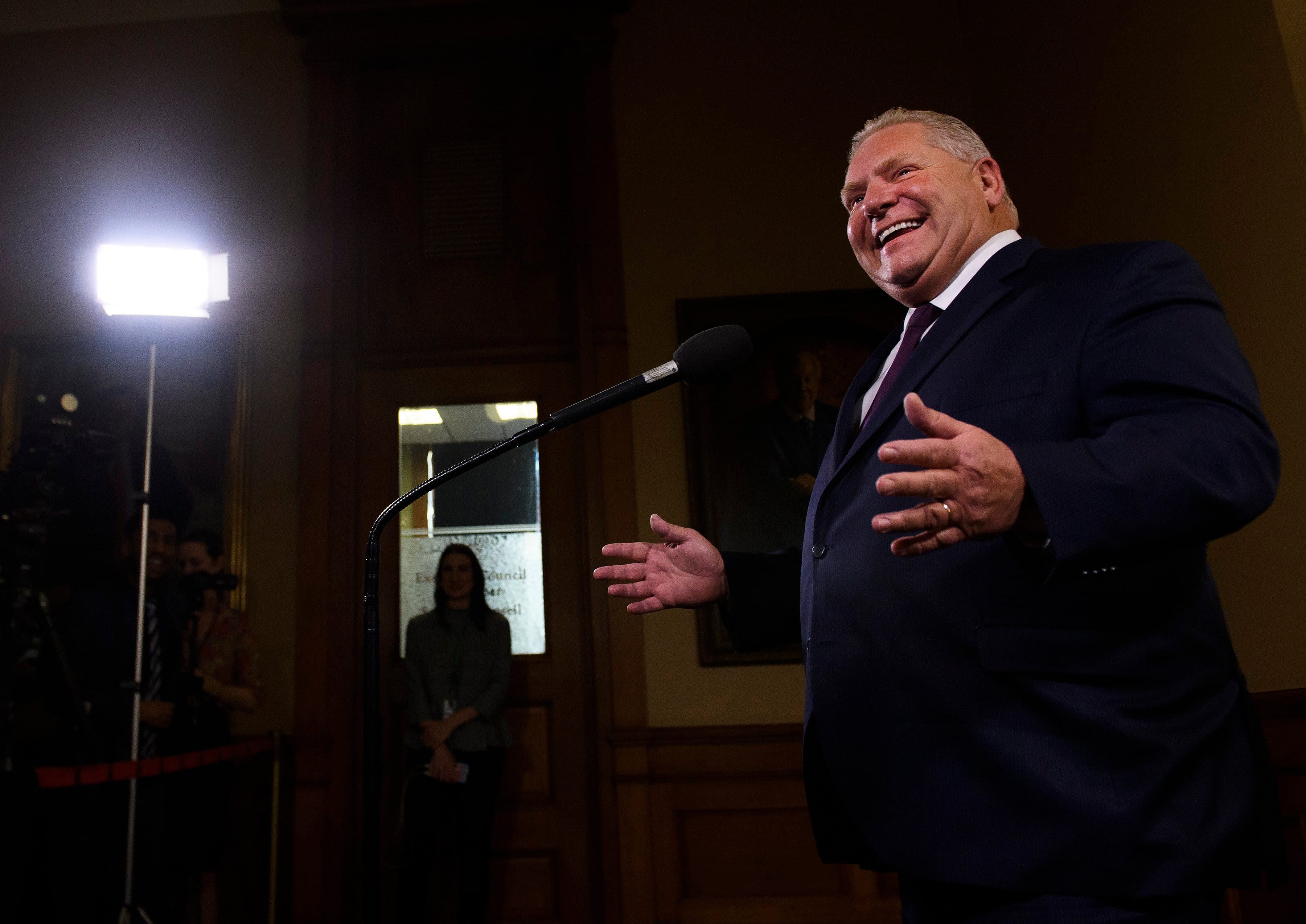 Ford laughs as he speaks with the media at Queen's Park on Nov. 28, 2019 (Nathan Denette/CP)
