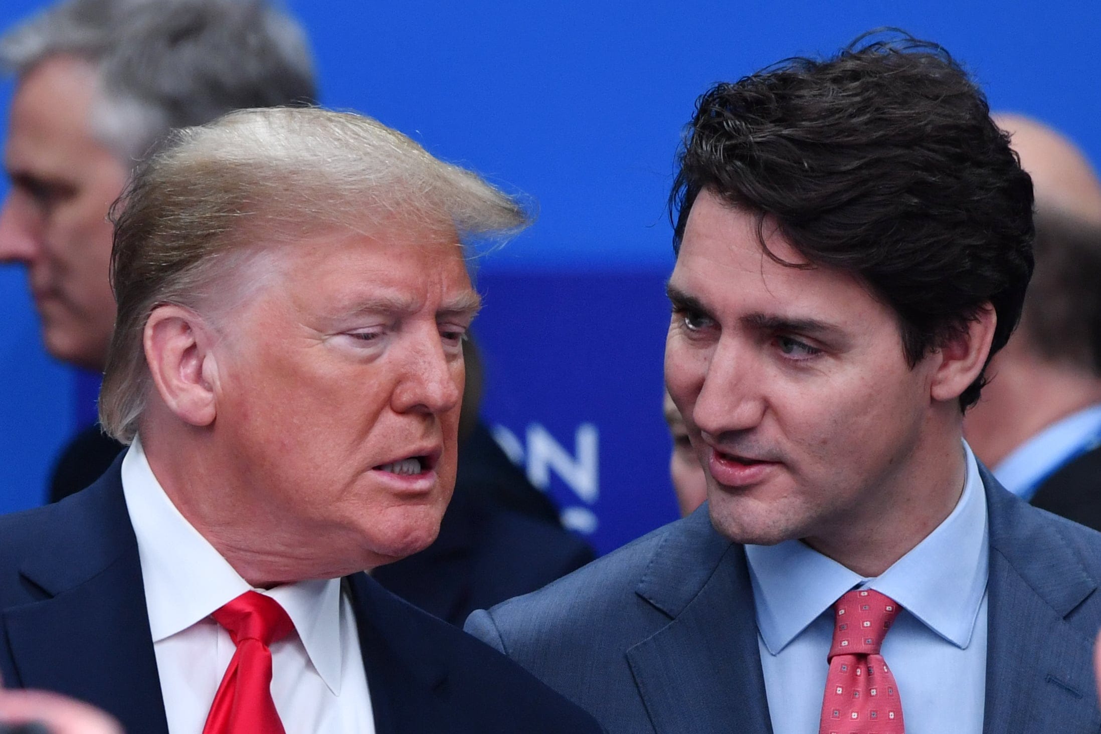 Trump talks with Trudeau during the plenary session of the NATO summit in Watford, northeast of London, on Dec. 4, 2019 (NICHOLAS KAMM/AFP via Getty Images)
