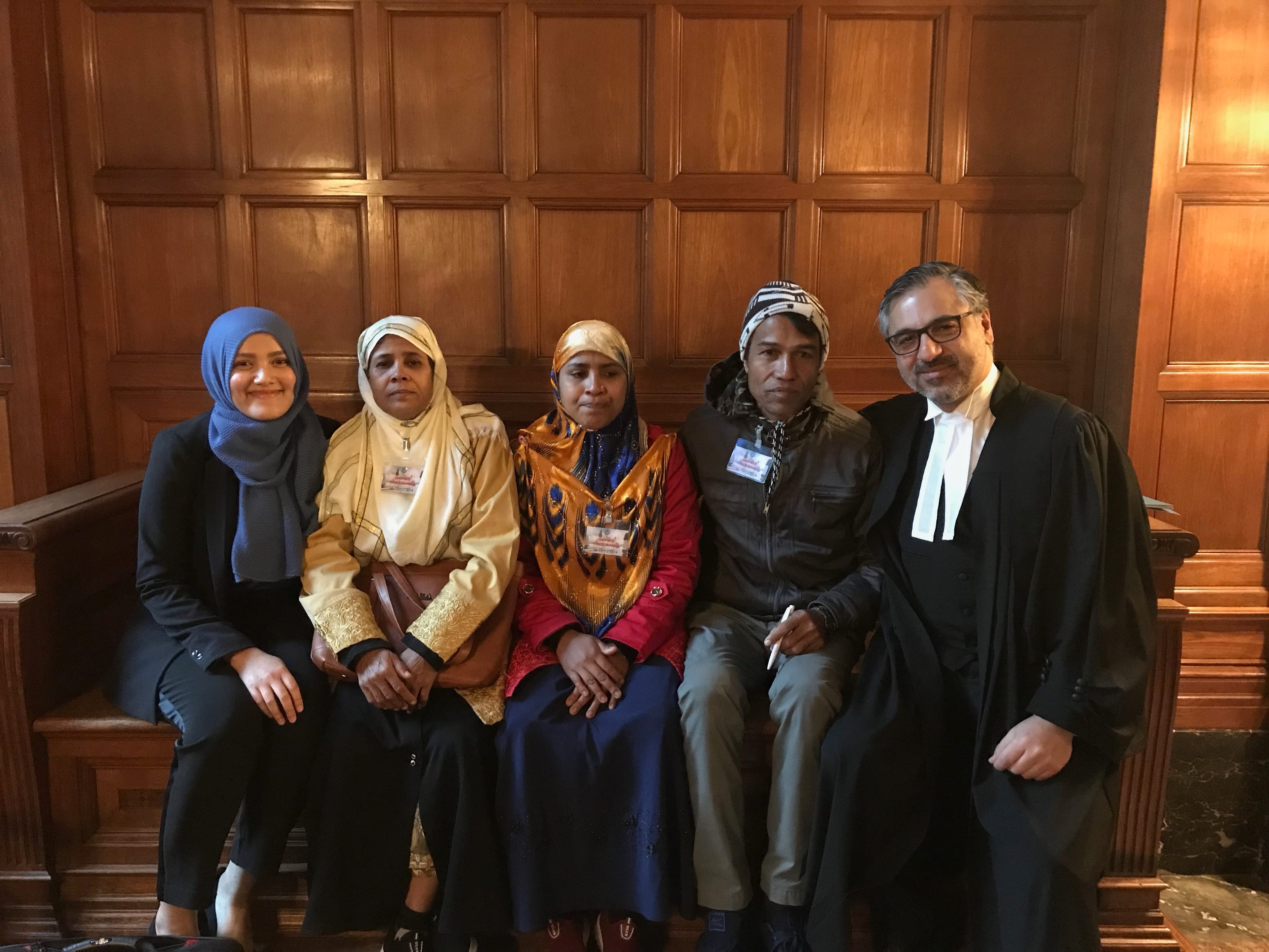 Left to right: Yasmin Ullah, a Canadian Rohingya activist; with Hamida Khatun, Hasina Begum, Yousuf Ali (Rohingya refugees); and Payam Akhavan, a McGill University law professor. The photo was taken just before Akhavan presented the case (Photo: Payam Akhavan)