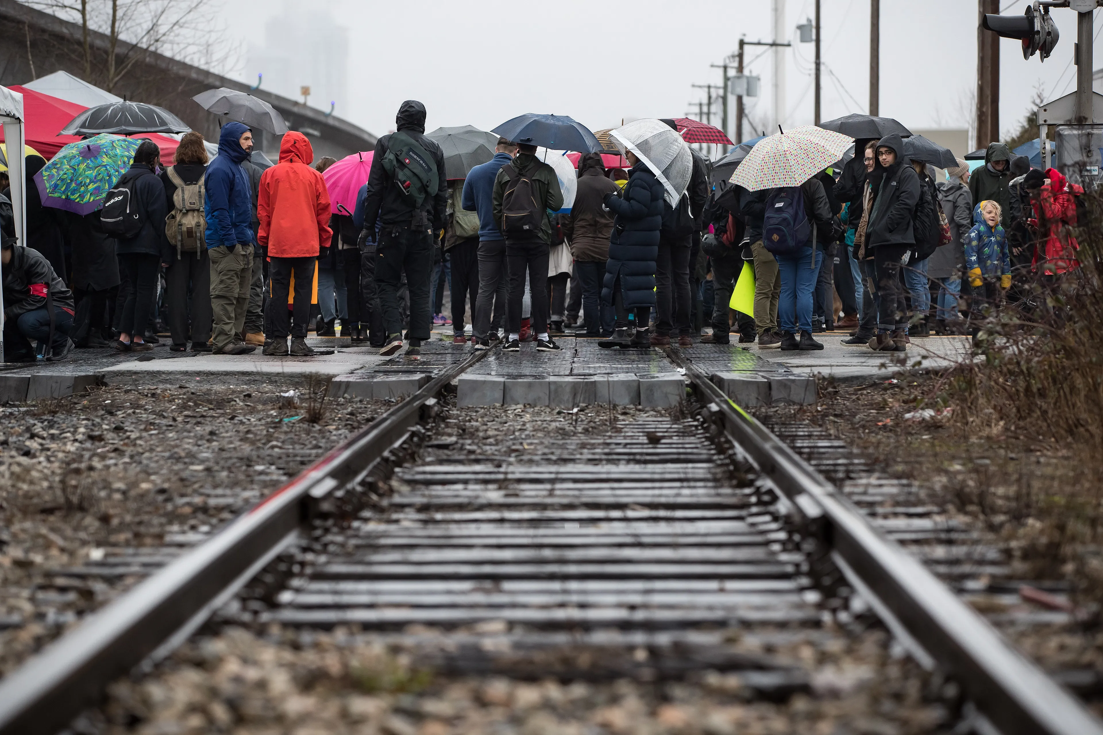 Protesters blockade CN Rail tracks in Vancouver on Feb. 15, 2020. The protest is in solidarity with the Wet'suwet'en hereditary chiefs opposed to the LNG pipeline in northern B.C. (CP/Darryl Dyck)