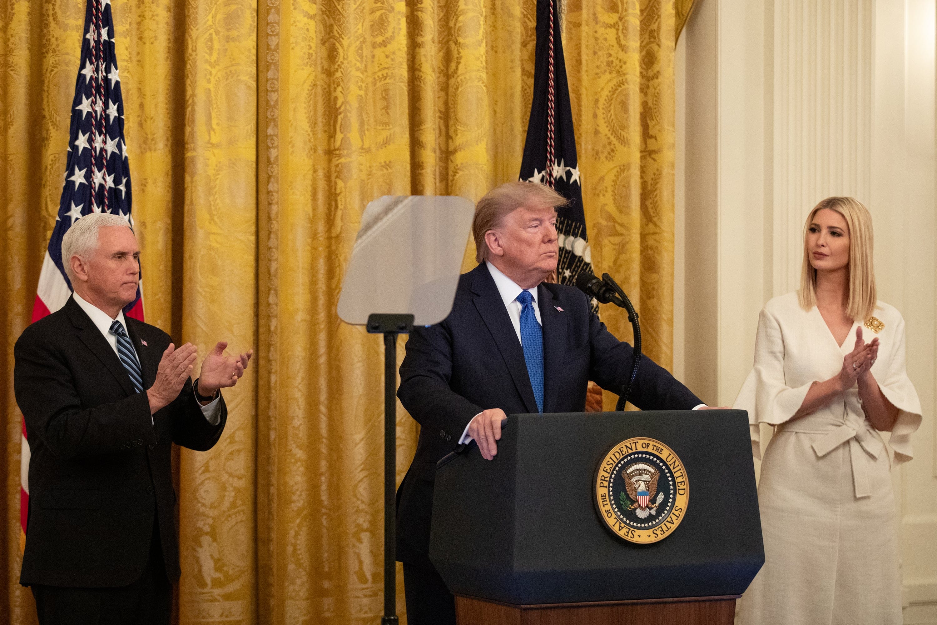 Trump speaks alongside Vice President Mike Pence and Ivanka Trump at the White House on Jan. 31, 2020 (Amanda Andrade-Rhoades/Bloomberg/Getty Images)
