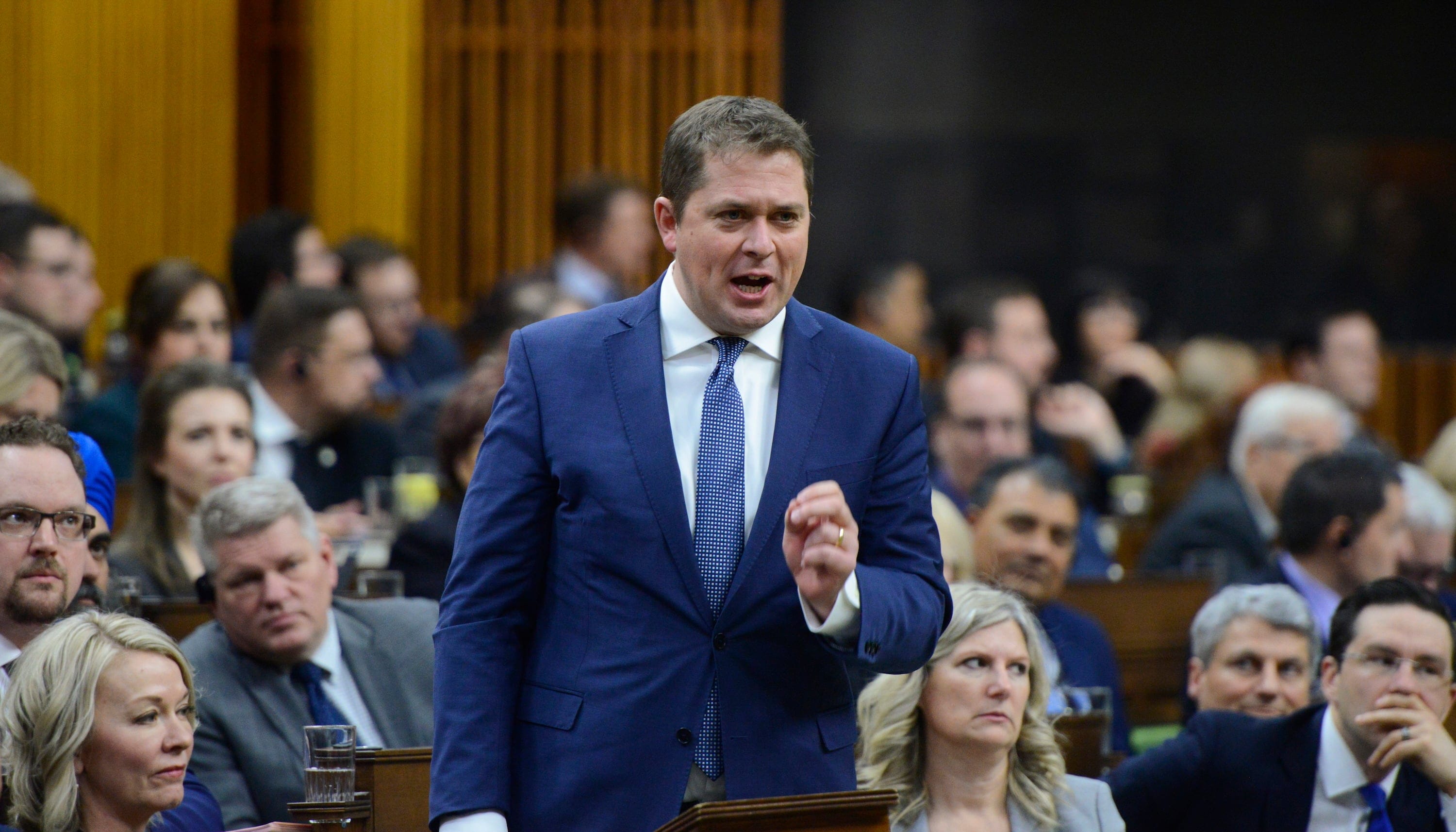 Conservative Leader Andrew Scheer stands during question period in the House of Commons on Parliament Hill in Ottawa on Thursday, Feb. 20, 2020. (Sean Kilpatrick/CP)