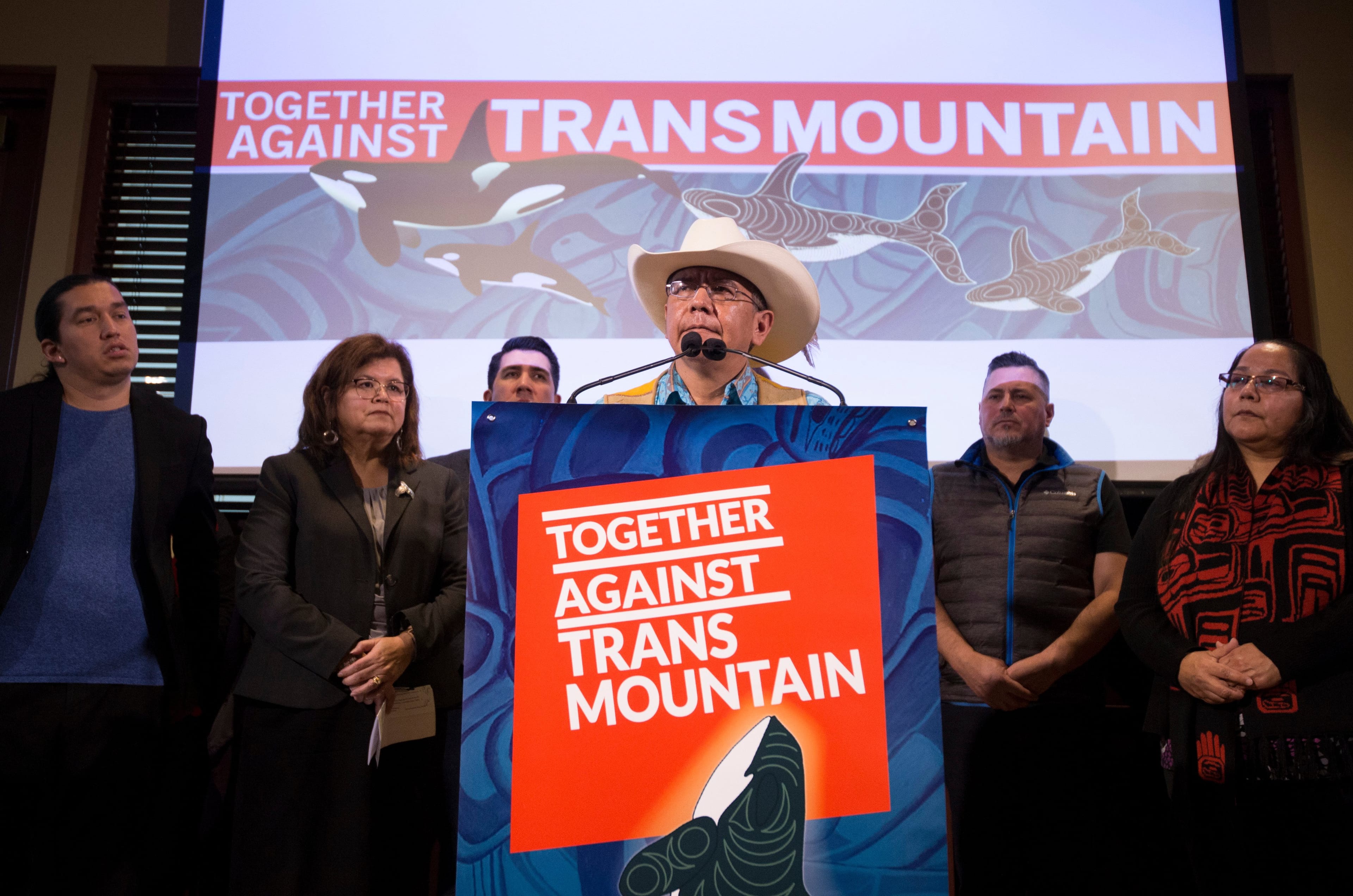 Chief Lee Spahan of the Coldwater Indian Band speaks as he and other Indigenous leaders comment on the Trans Mountain pipeline decision by the Federal Court of Appeal in Vancouver B.C, Tuesday, February 4, 2020. (Jonathan Hayward/CP)