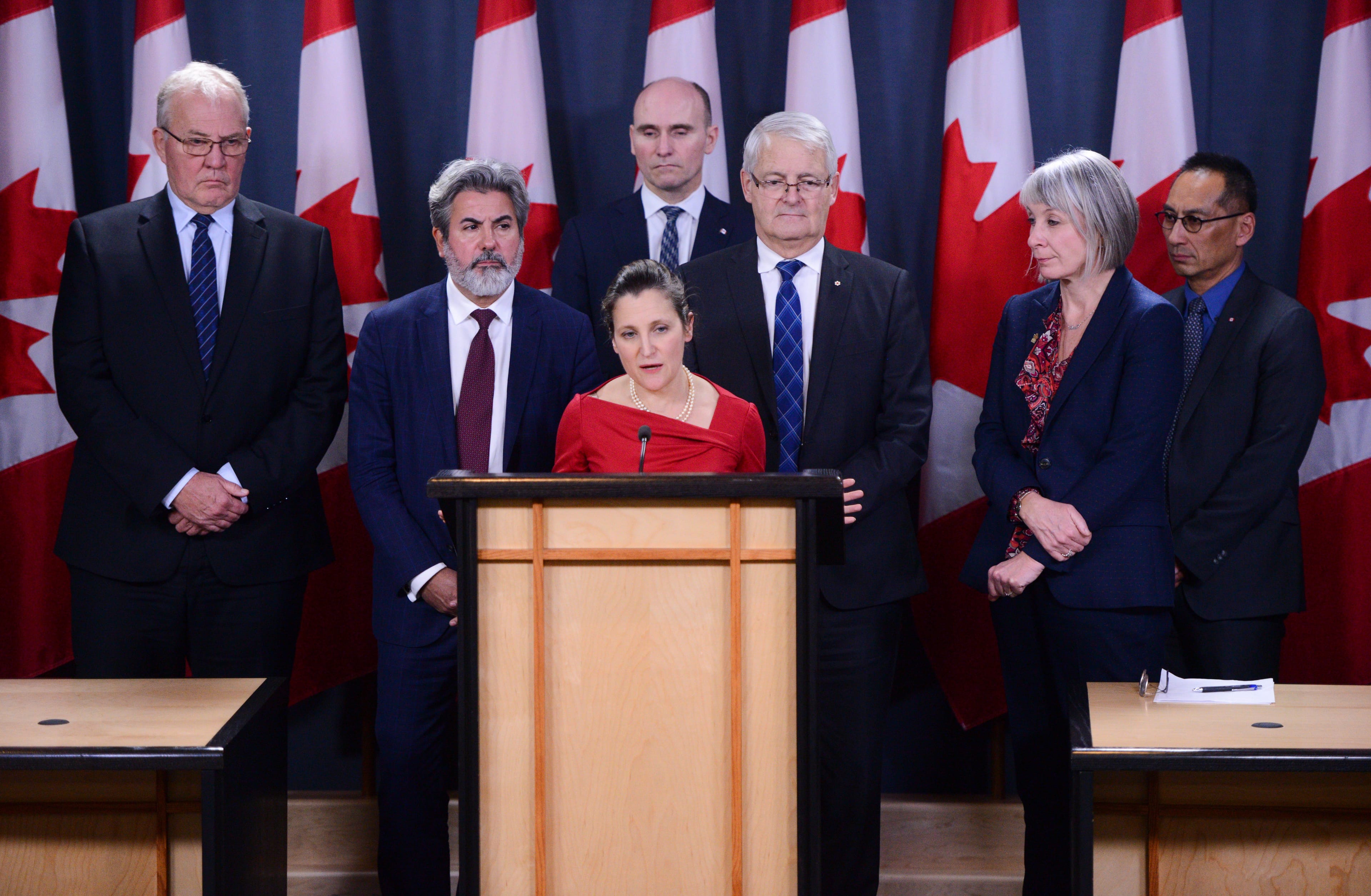 Cabinet ministers including Duclos (centre, top) hold a press conference at the National Press Theatre in Ottawa on March 13, 2020, regarding the COVID-19 pandemic (CP/Sean Kilpatrick)