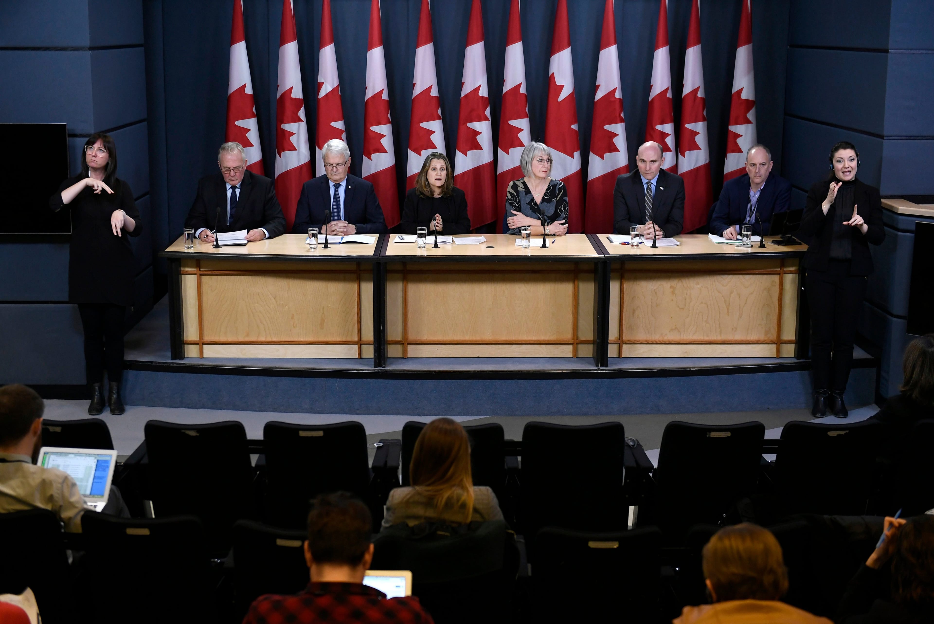 Cabinet ministers participate in a press conference on COVID-19 at the National Press Theatre in Ottawa, on March 16, 2020 (CP/Justin Tang)