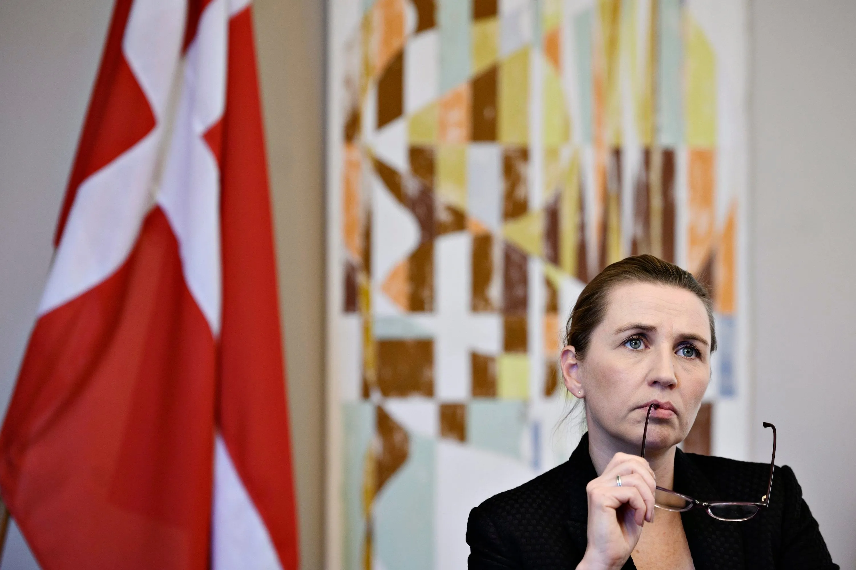 Danish Prime Minister Mette Frederiksen attends an EU summit via a video conference from her official residence Marienborg outside Copenhagen, Denmark, 26 March 2020. (Philip Davali / EPA)