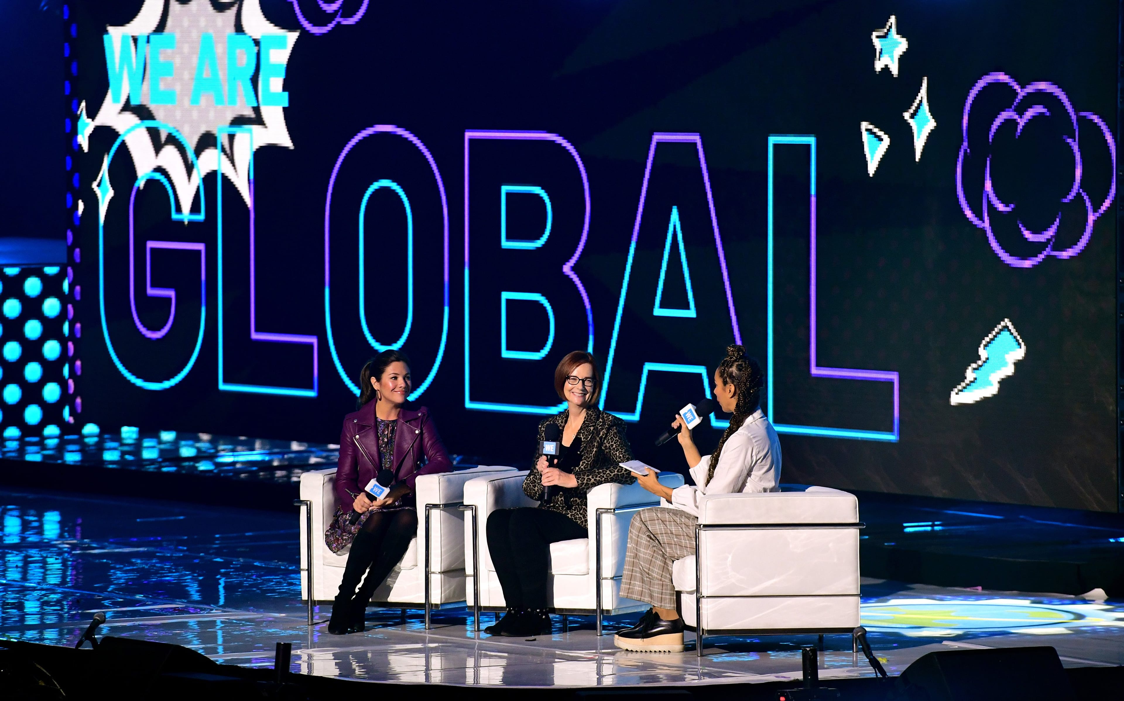 Sophie Gregoire Trudeau, Julia Gillard and Leona Lewis (left-right) on stage at the WE Day UK charity event and concert held at The SSE Arena, Arena Square, London. (Ian West/PA Images/Getty Images)