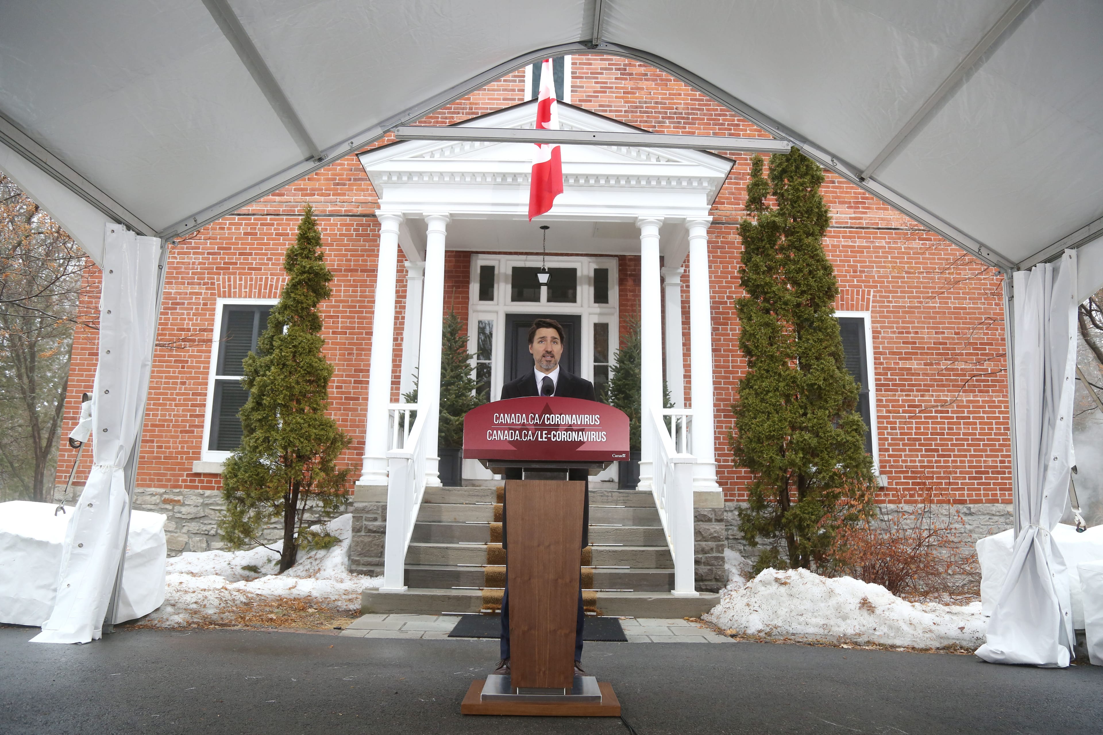 Justin Trudeau speaks during a news conference on the COVID-19 situation in Canada from his residence March 20. (Dave Chan / AFP / Getty Images)