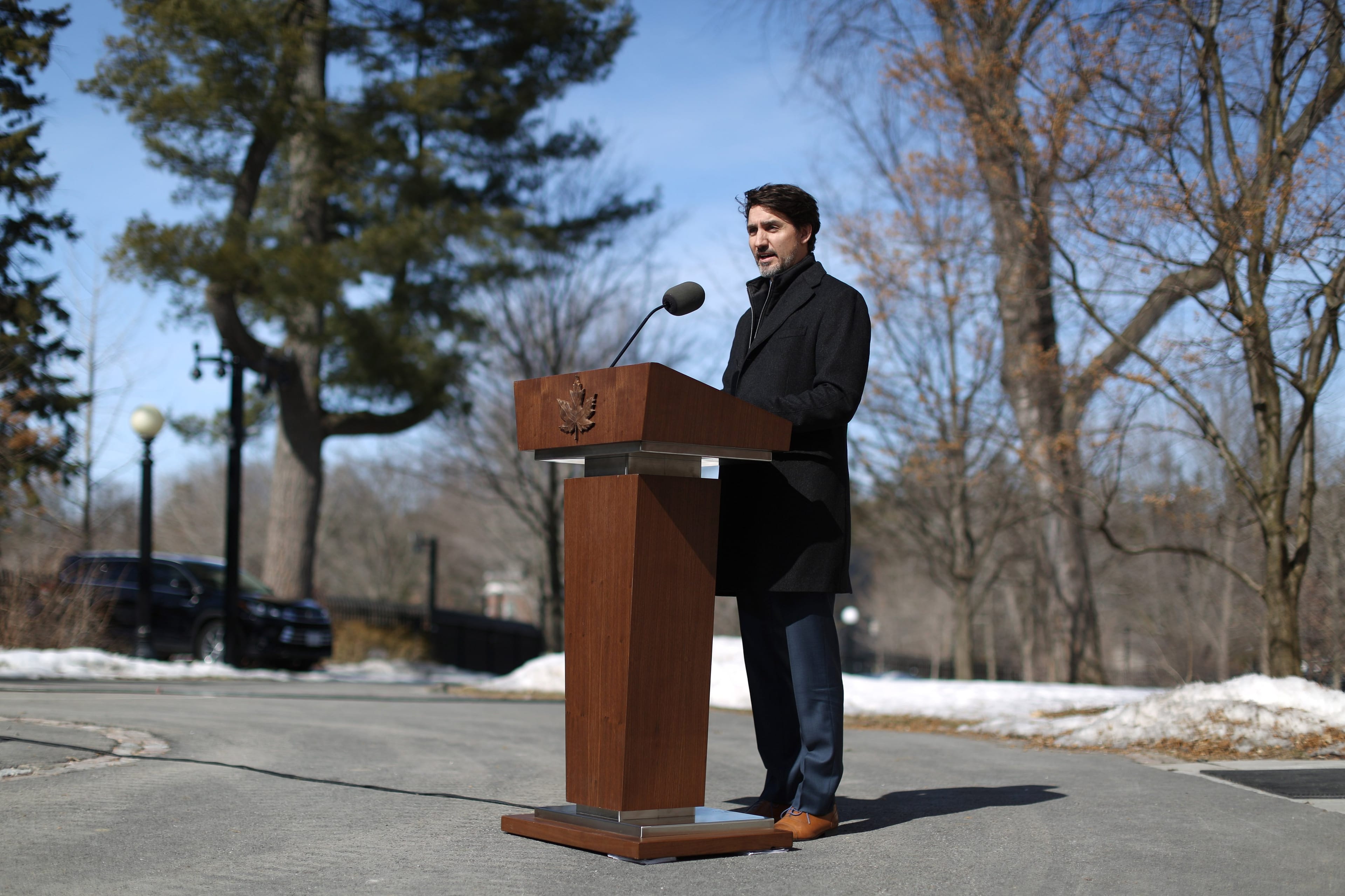 Canadian Prime Minister Justin Trudeau speaks during a news conference on COVID-19 situation in Canada from his residence on March 16, 2020 in Ottawa, Canada. - Prime Minister Justin Trudeau announced that Canada is closing its borders to foreign travellers, except Americans, in order to slow the spread of the new coronavirus. (Photo by Dave Chan / AFP) (Photo by DAVE CHAN/AFP via Getty Images)