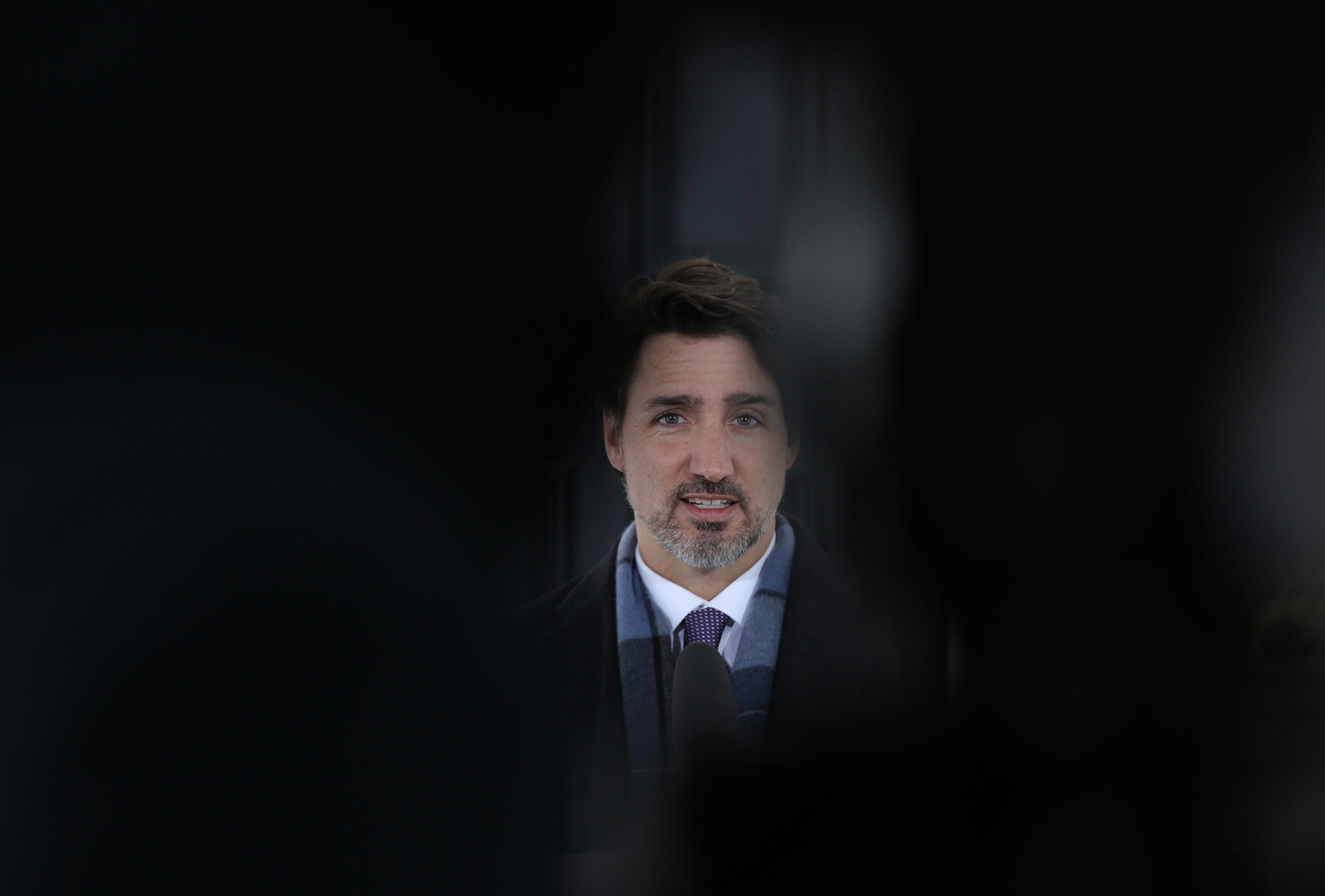 Canadian Prime Minister Justin Trudeau speaks during a news conference on COVID-19 situation in Canada from his residence March 24, 2020 in Ottawa, Canada. - Bombardier said March 24 it will halt its aircraft and trains assembly lines in Canada after Quebec and Ontario ordered all non-essential businesses shut to stem the coronavirus pandemic. (Photo by Dave Chan / AFP) (Photo by DAVE CHAN/AFP via Getty Images)