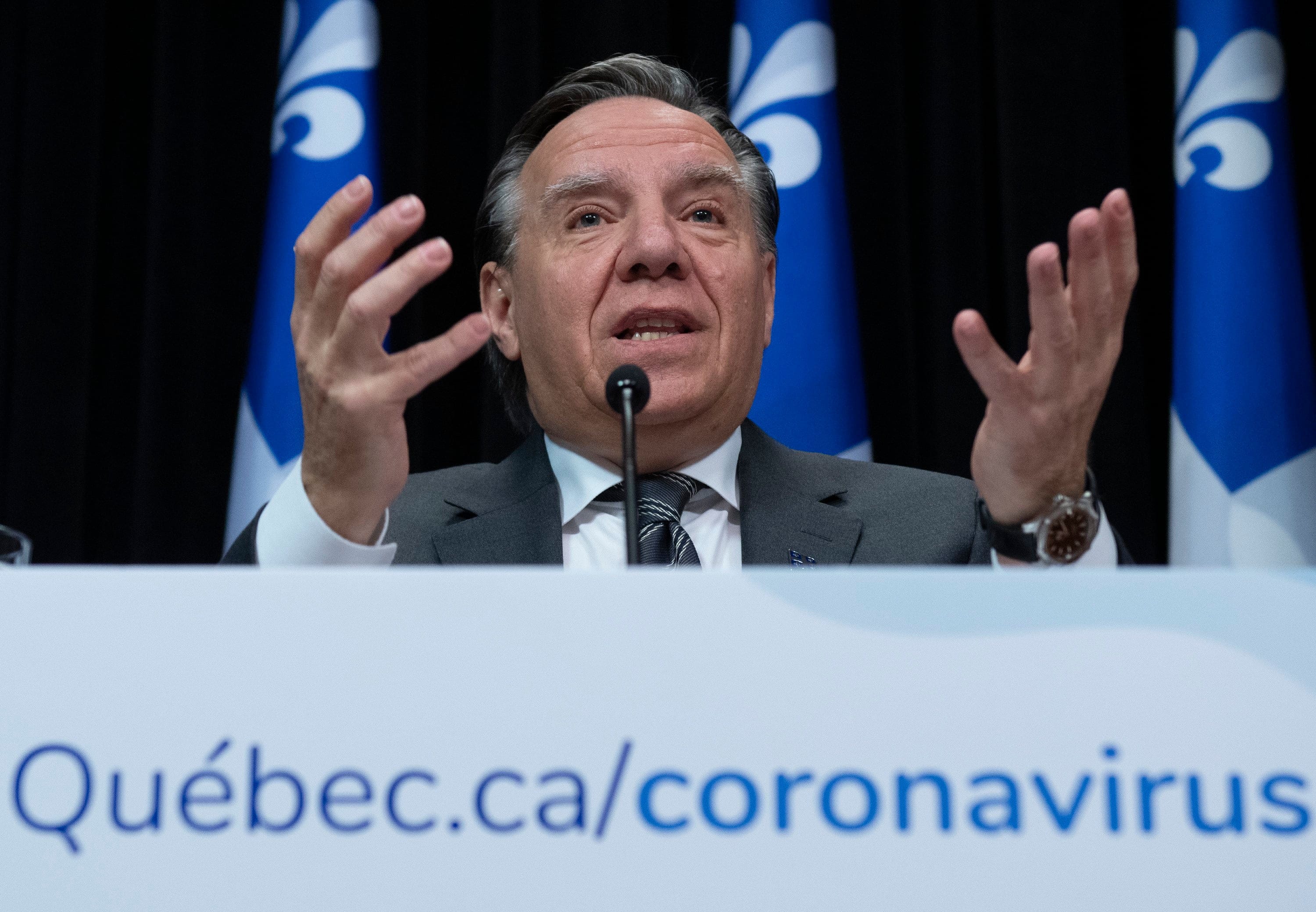 Legault responds to reporters during a news conference on the COVID-19 pandemic on April 7, 2020, at the legislature in Quebec City (CP/Jacques Boissinot)