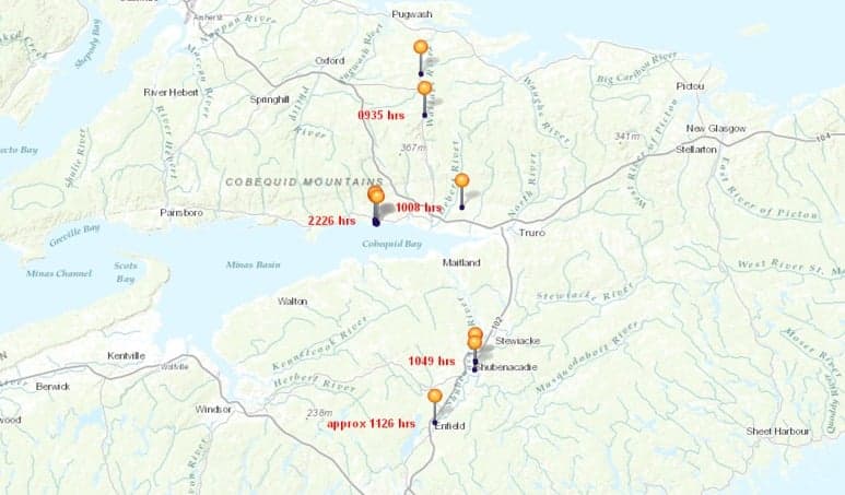 A map of the killer's path; markers show locations and times of incidents (RCMP)
