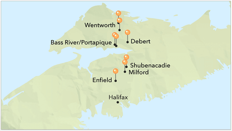 Map of Nova Scotia highlighting the location of Wentworth, Portapique, Debert, Shubenacadie, Milford and Enfield and their proximity to Halifax. (RCMP)