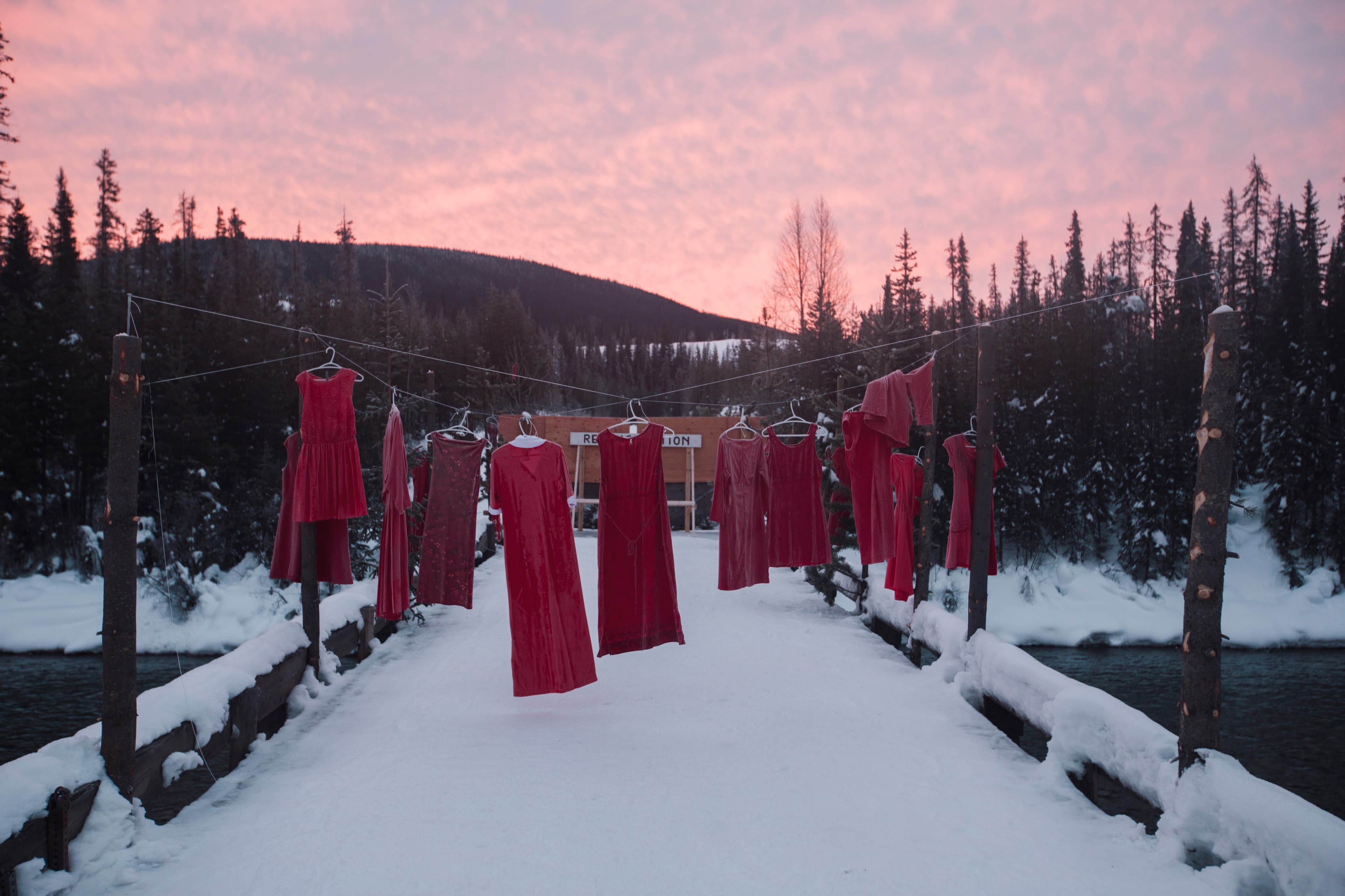 Red dresses, representing murdered and missing Indigenous women (Amber Bracken)