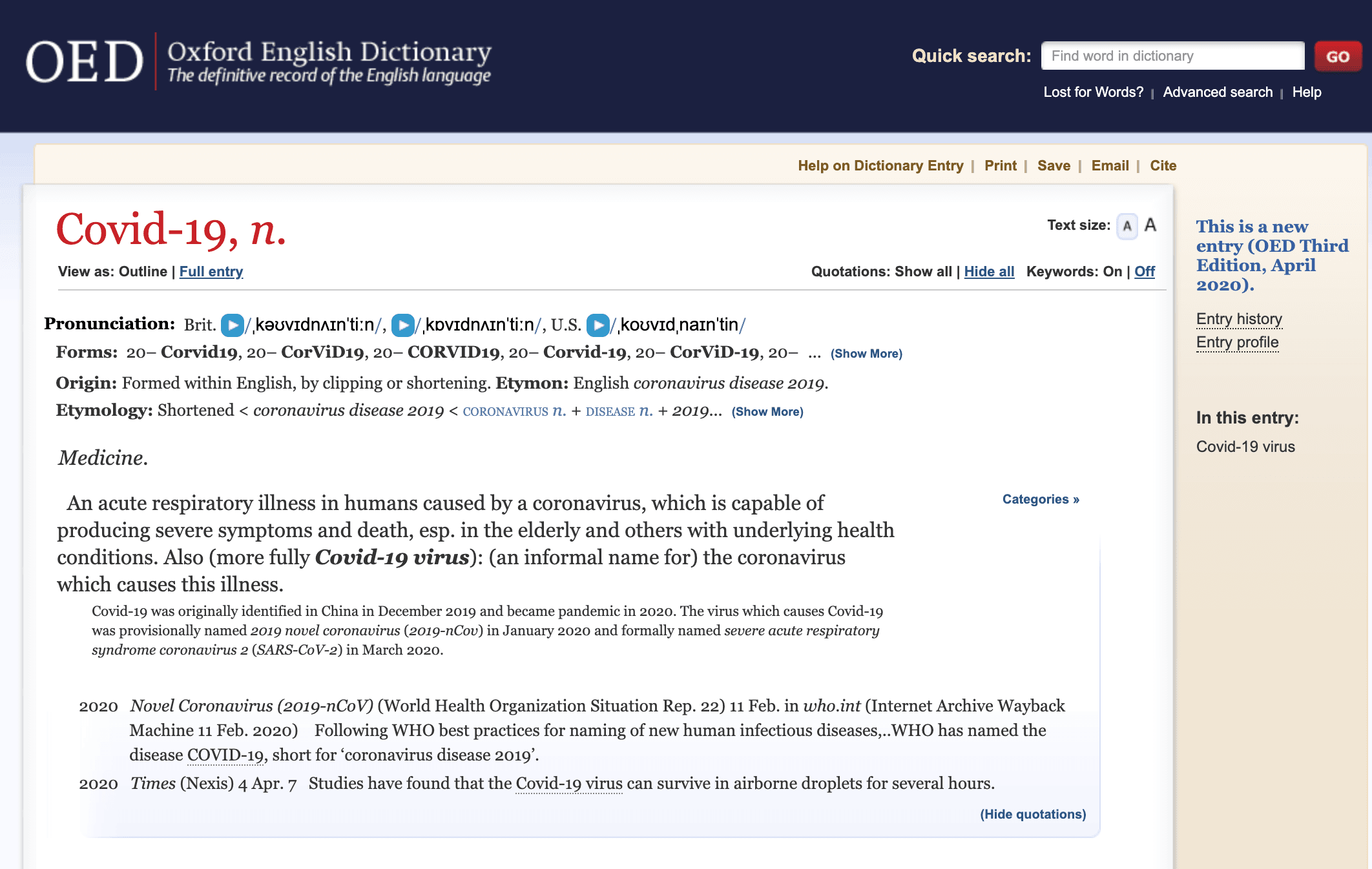 The Oxford English Dictionary webpage for Covid-19.