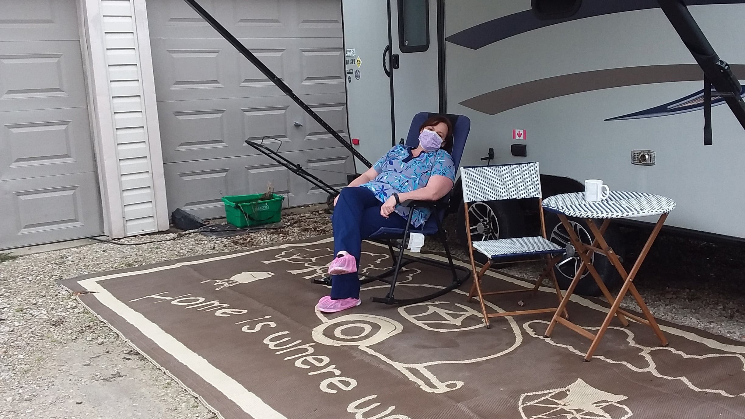 Monique Langlois, a personal support worker at a Windsor nursing home, takes a break outside her camper. She's moved out of her home to protect her husband in case she becomes infected with the coronavirus. (Courtesy of Monique Langlois)