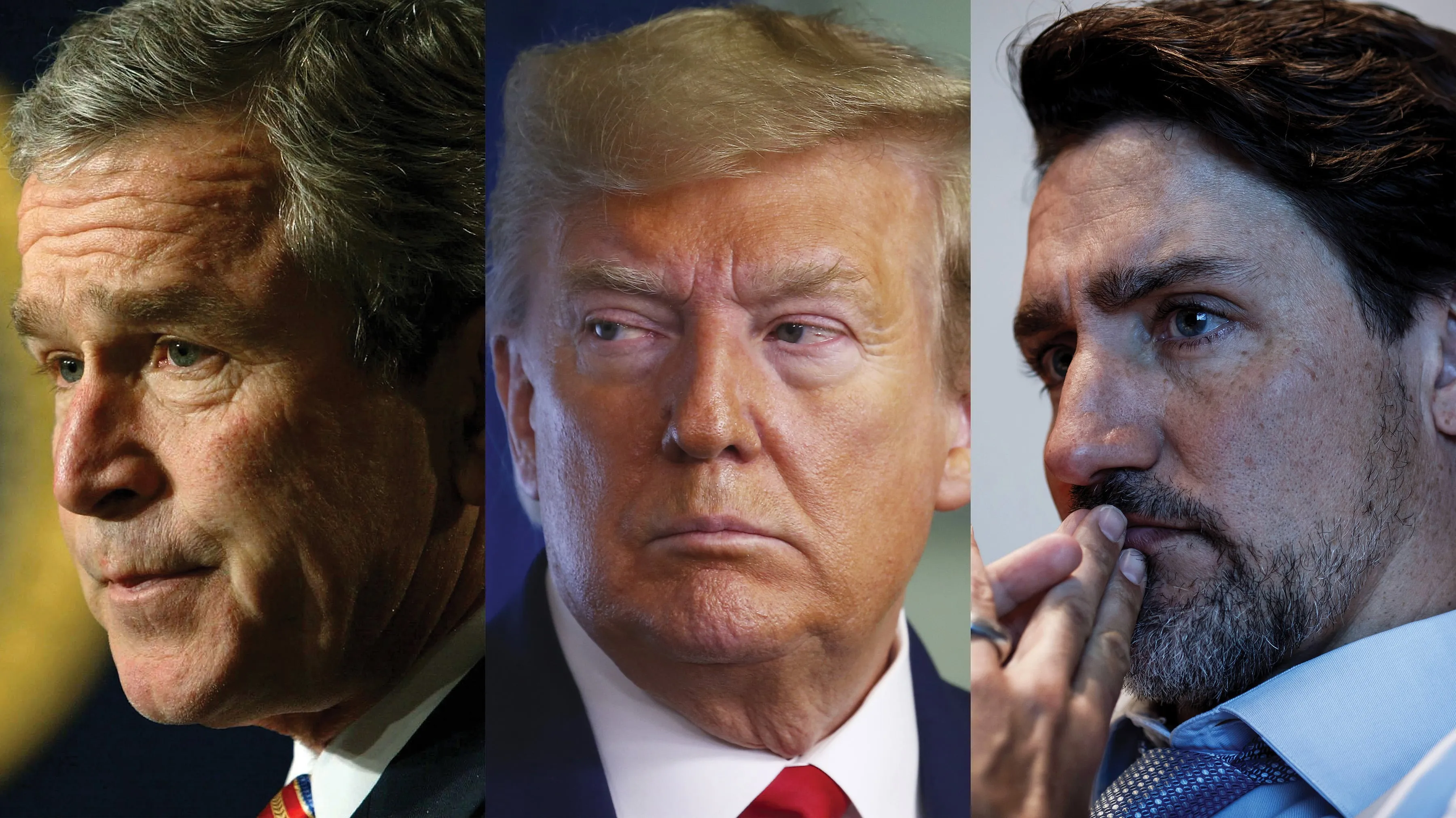 George W. Bush (Mark Wilson/Getty Images), Donald Trump (Tasos Katopodis/UPI/Bloomberg/Getty Images), and Trudeau (Courtesy of Adam Scotti/PMO)