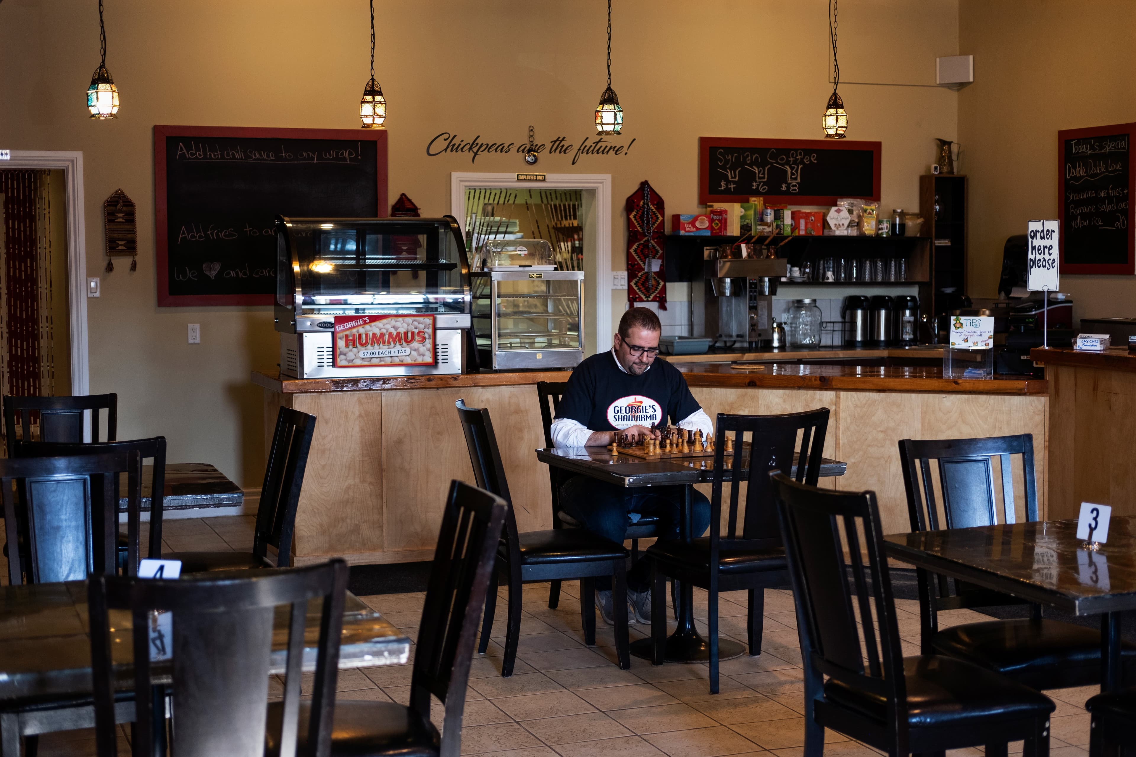 George Alkhoury in his restaurant, Georgie's Shawarma in Sault St. Marie. (Photograph by Allan Brunke)