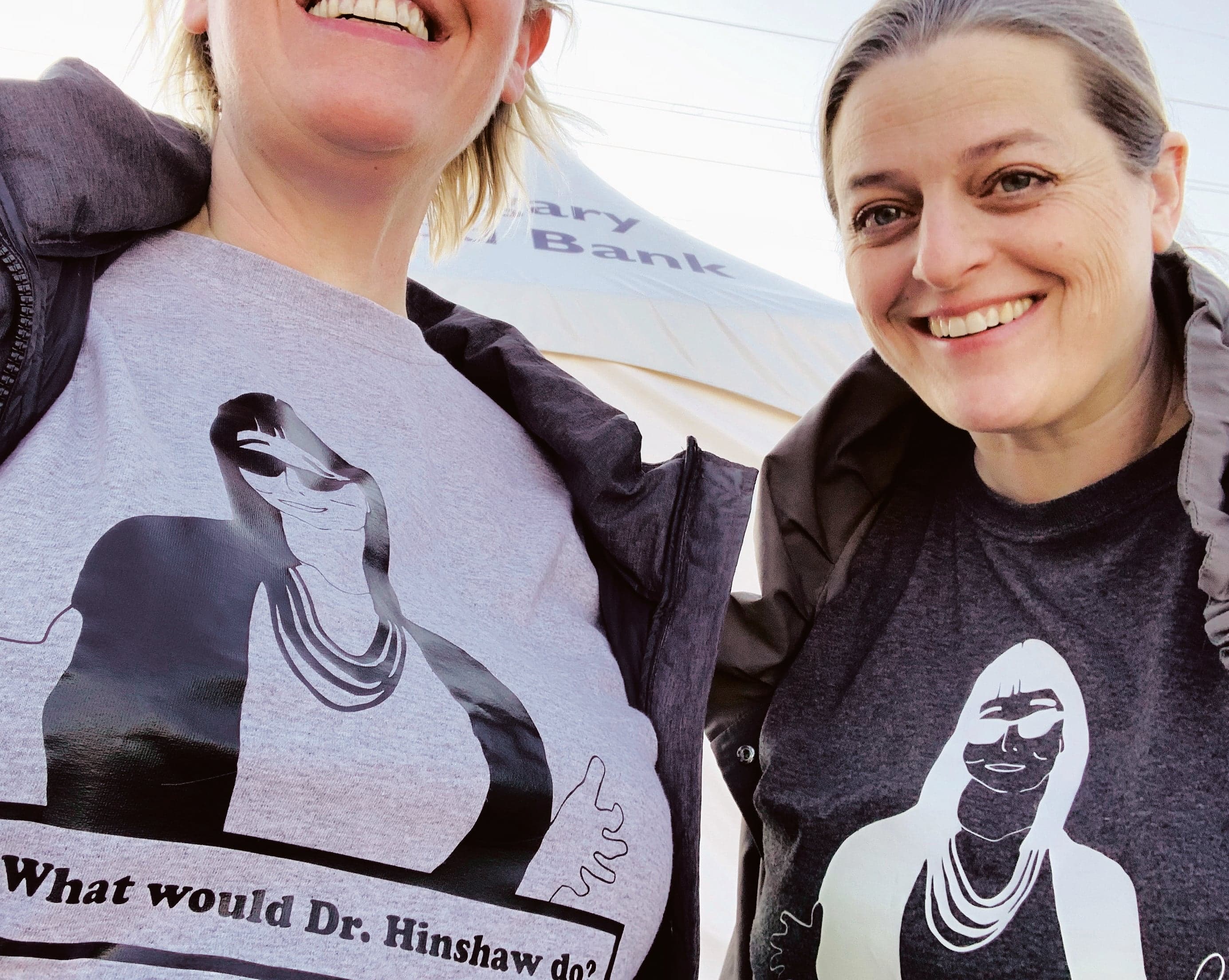 Van Rosendaal (right) was inspired by the leadership of Alberta’s chief medical officer of health; a late-night burst of creativity led to her popular ‘What would Dr. Hinshaw do?’ T-shirts (Courtesy of Julie and Alison Van Rosendaal)