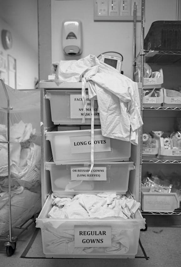 A drawer containing PPE sits outside the resuscitation bay inside Toronto Western Hospital’s emergency department. (Dawn Lim)