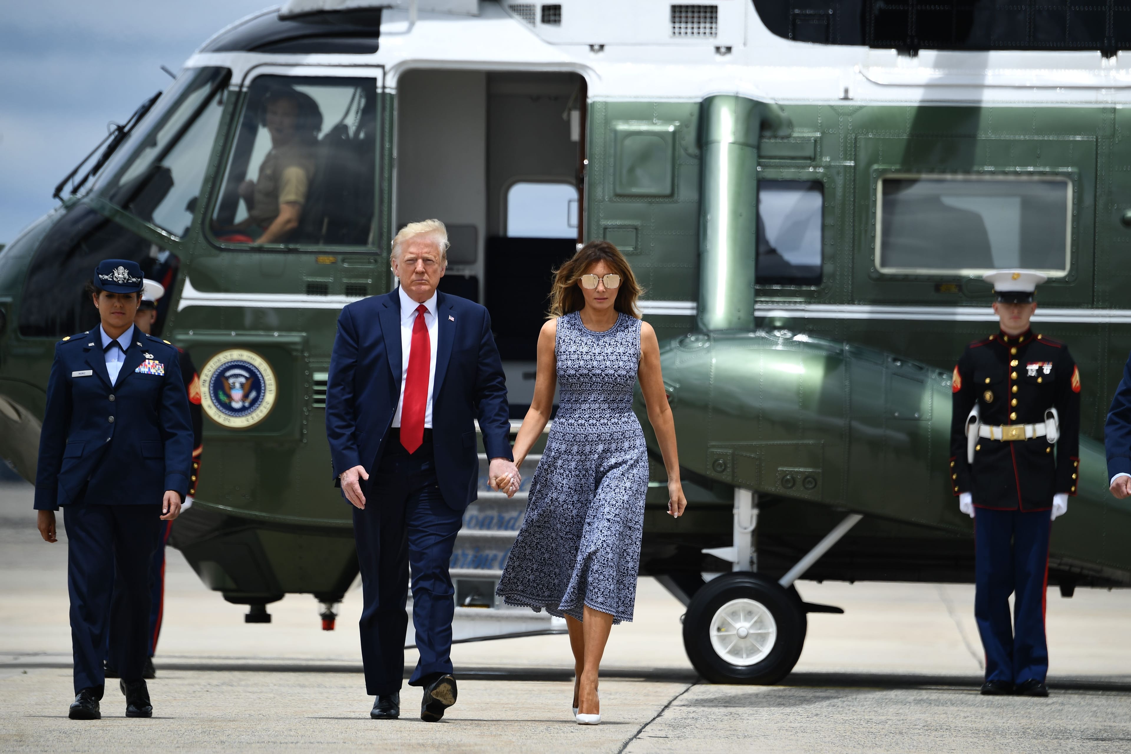 Trump and Melania Trump walk to Air Force One at Andrews Air Force Base on May 27, 2020 (BRENDAN SMIALOWSKI/AFP via Getty Images)