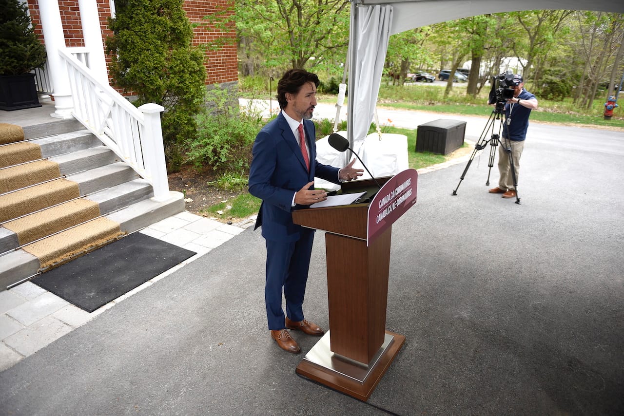 Prime Minister Justin Trudeau speaks during his daily news conference on the COVID-19 pandemic outside his residence at Rideau Cottage in Ottawa, on Tuesday, May 19, 2020. (Justin Tang/CP)