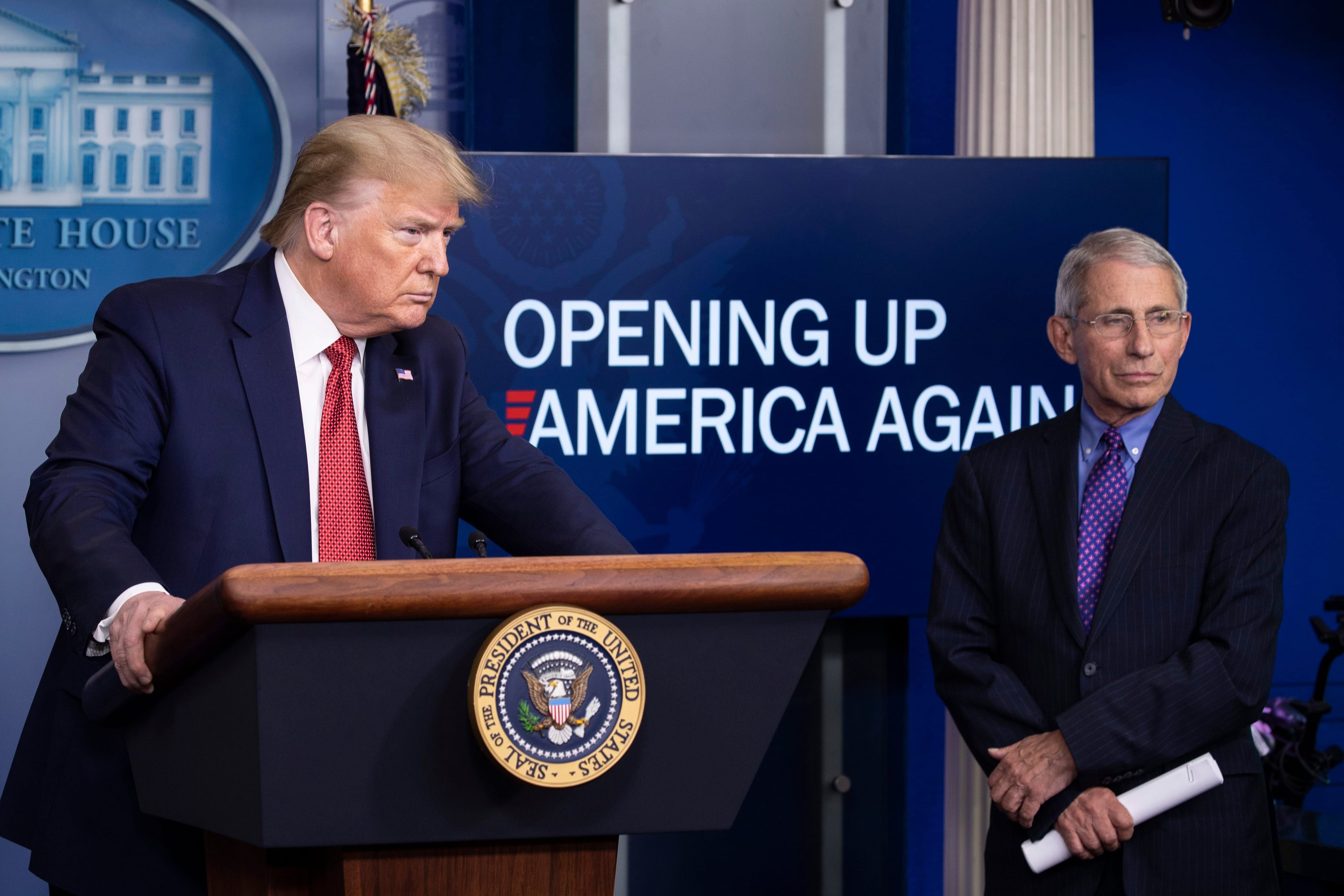 In this Apr. 16, 2020 President Donald Trump speaks about the coronavirus in the James Brady Press Briefing Room of the White House in Washington. (Alex Brandon/AP/CP)