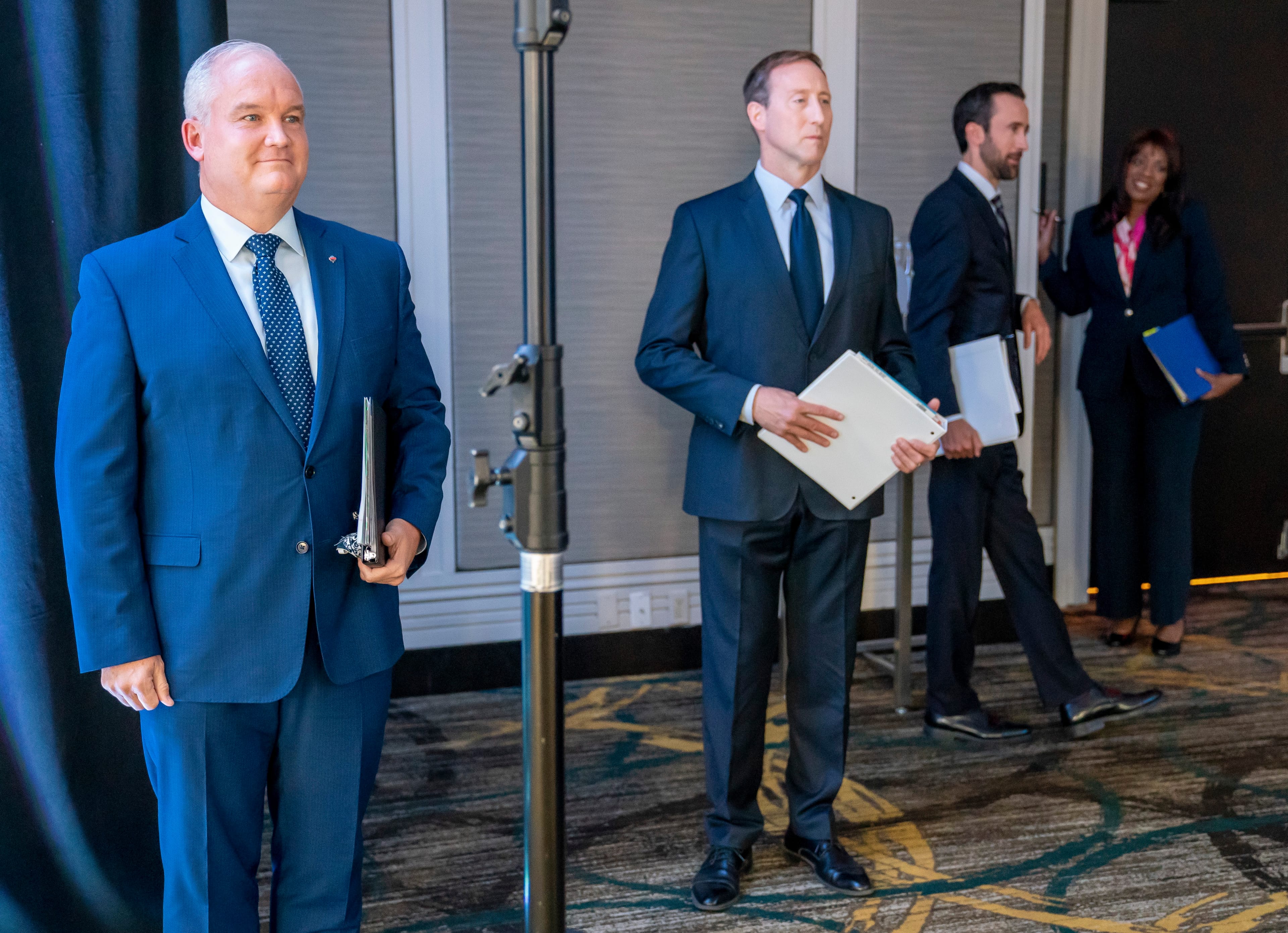 Leadership candidates O'Toole, MacKay, Sloan and Lewis wait for the start of the French leadership debate in Toronto on June 17, 2020 (Frank Gunn/CP)
