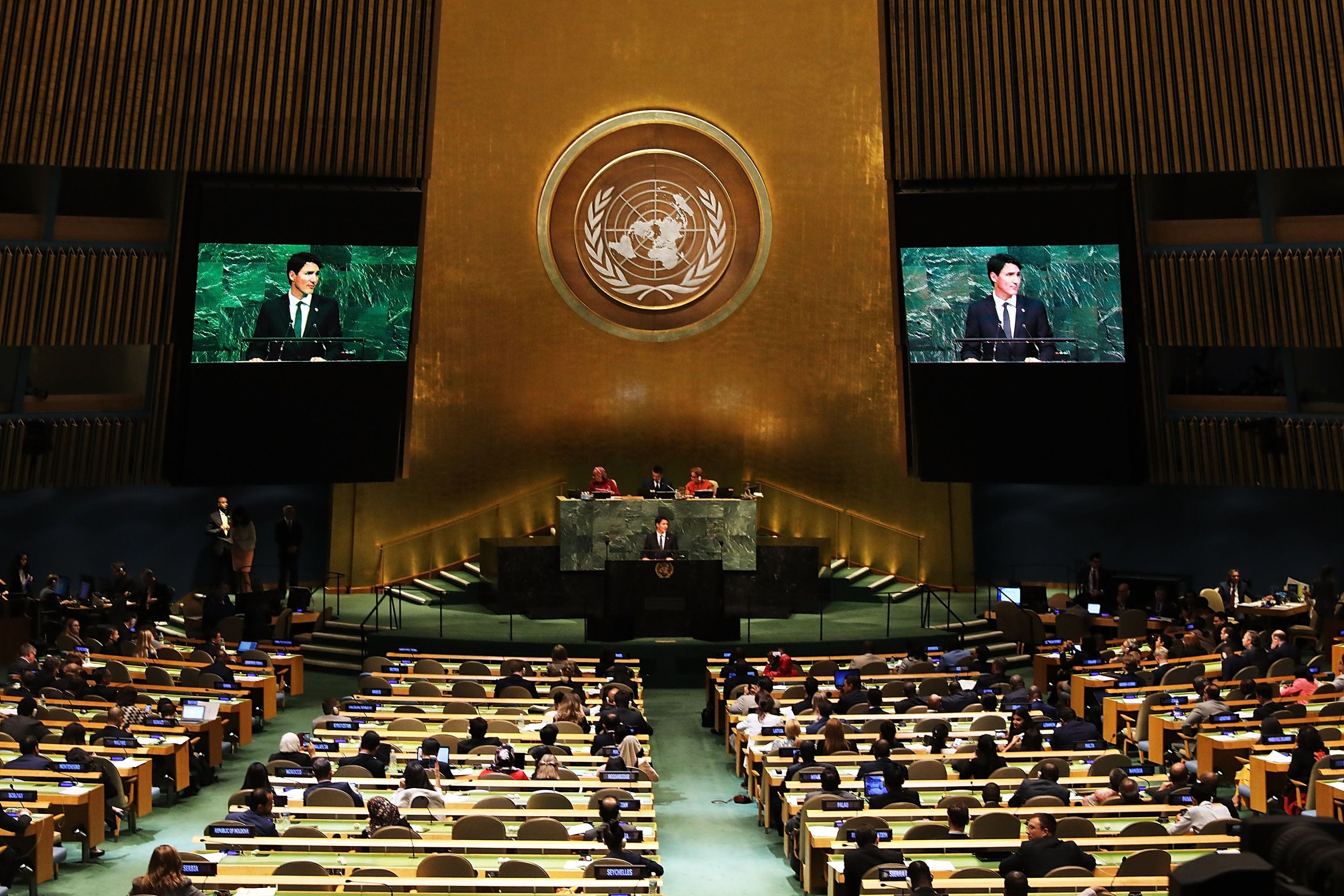 Prime Minister Justin Trudeau speaks to world leaders at the 72nd UN General Assembly on Sept. 21, 2017 in New York City. (Photo by Spencer Platt/Getty Images)