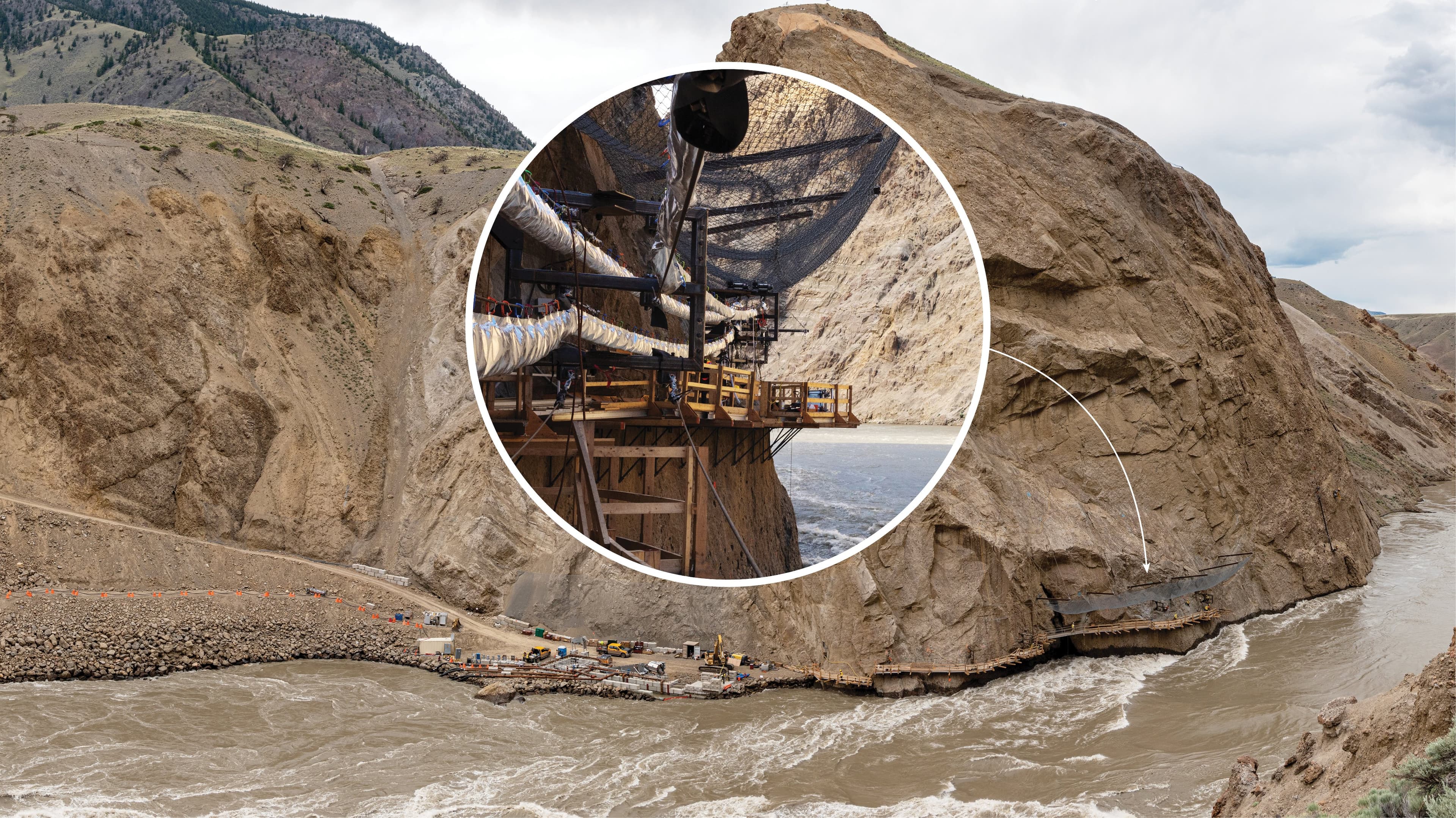 A landslide along the Fraser River created a waterfall that spawning salmon couldn’t cross; an innovative system gives them passage (Courtesy of Peter Kiewit Sons ULC.)