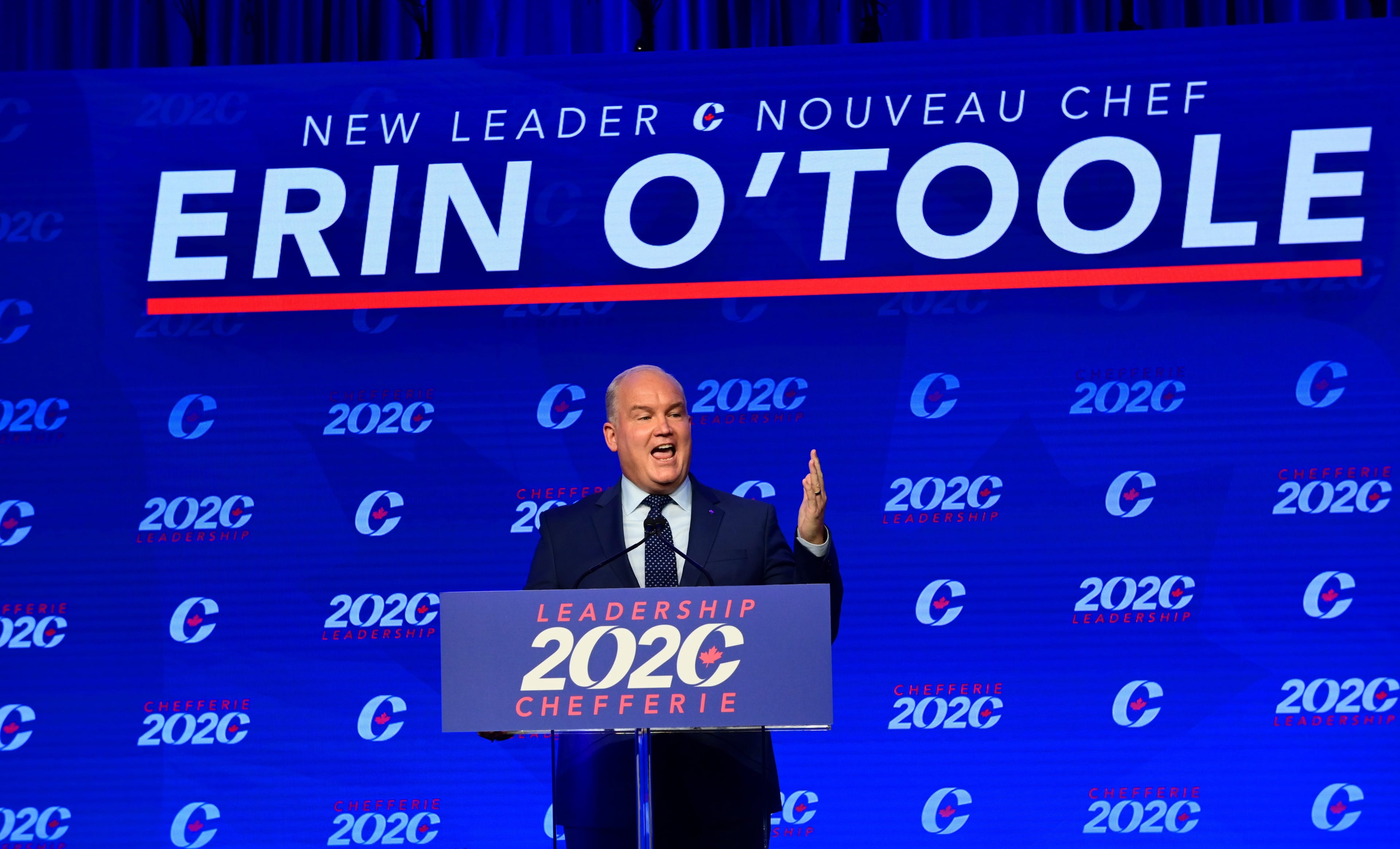 Newly elected Conservative Leader Erin O’Toole delivers his winning speech following the Conservative party of Canada 2020 Leadership Election in Ottawa on Monday, Aug. 24, 2020. THE CANADIAN PRESS/Sean Kilpatrick
