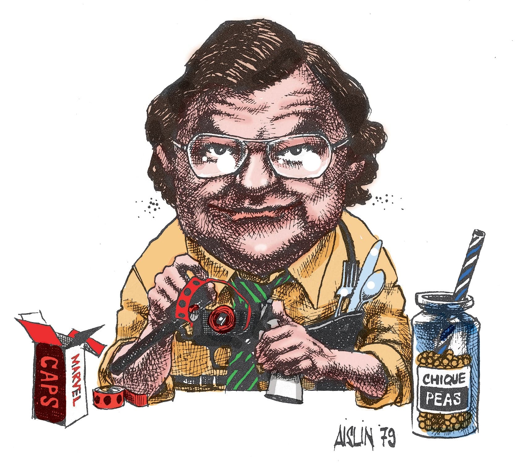 Aislin’s favourite caricature of Allan Fotheringham drawn in 1979, portraying the raconteur as an irascible scamp with a cap gun and pea shooter (Aislin)
