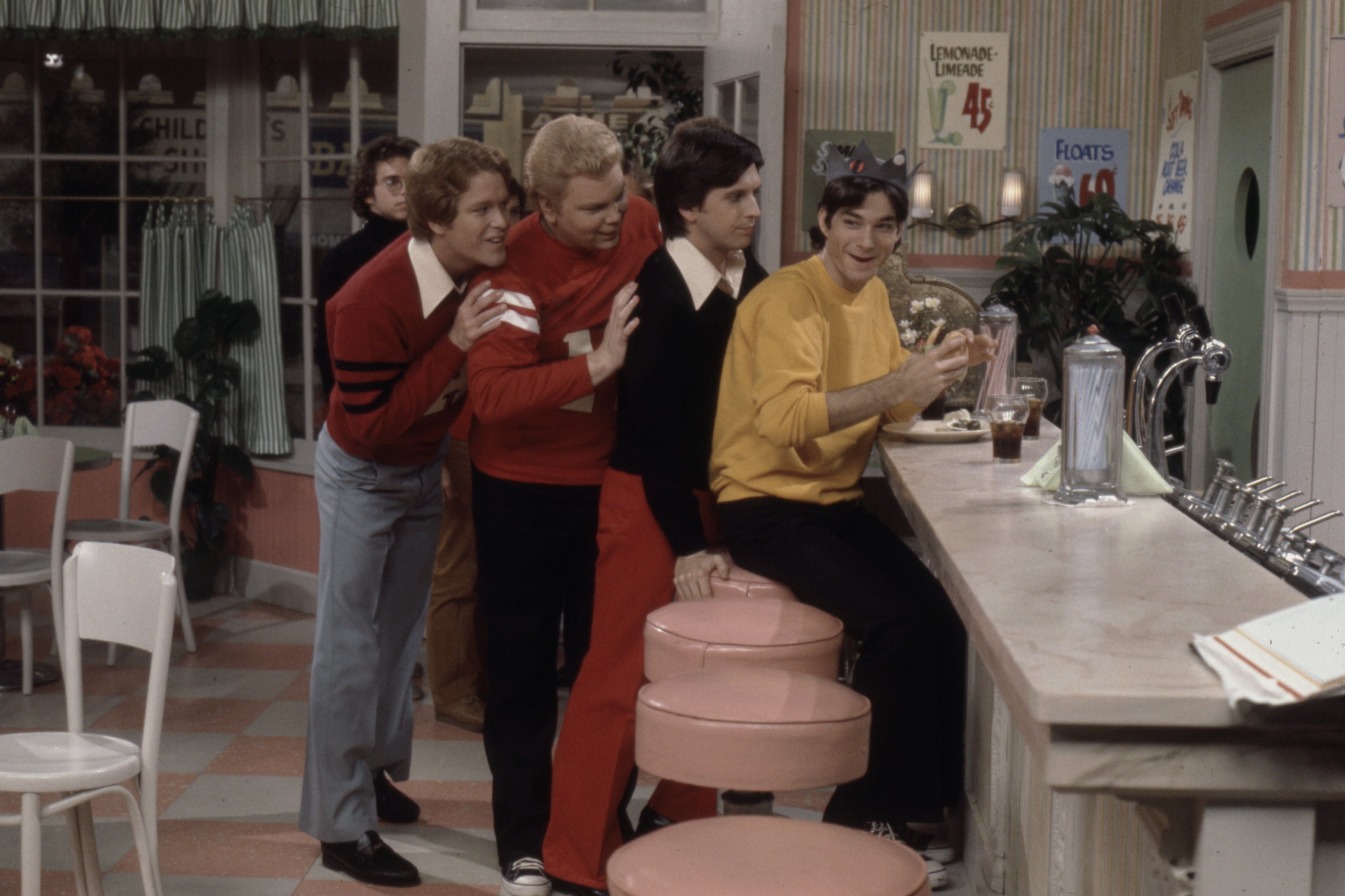 1976: (L-R) Dennis Bowen as Archie, Jim Boelsen as Moose, Mark Winkworth as Reggie, Derrel Maury as Jughead, appearing in the ABC tv series 'ABC Saturday Comedy Special' episode 'Archie'. (Walt Disney Television/Getty)