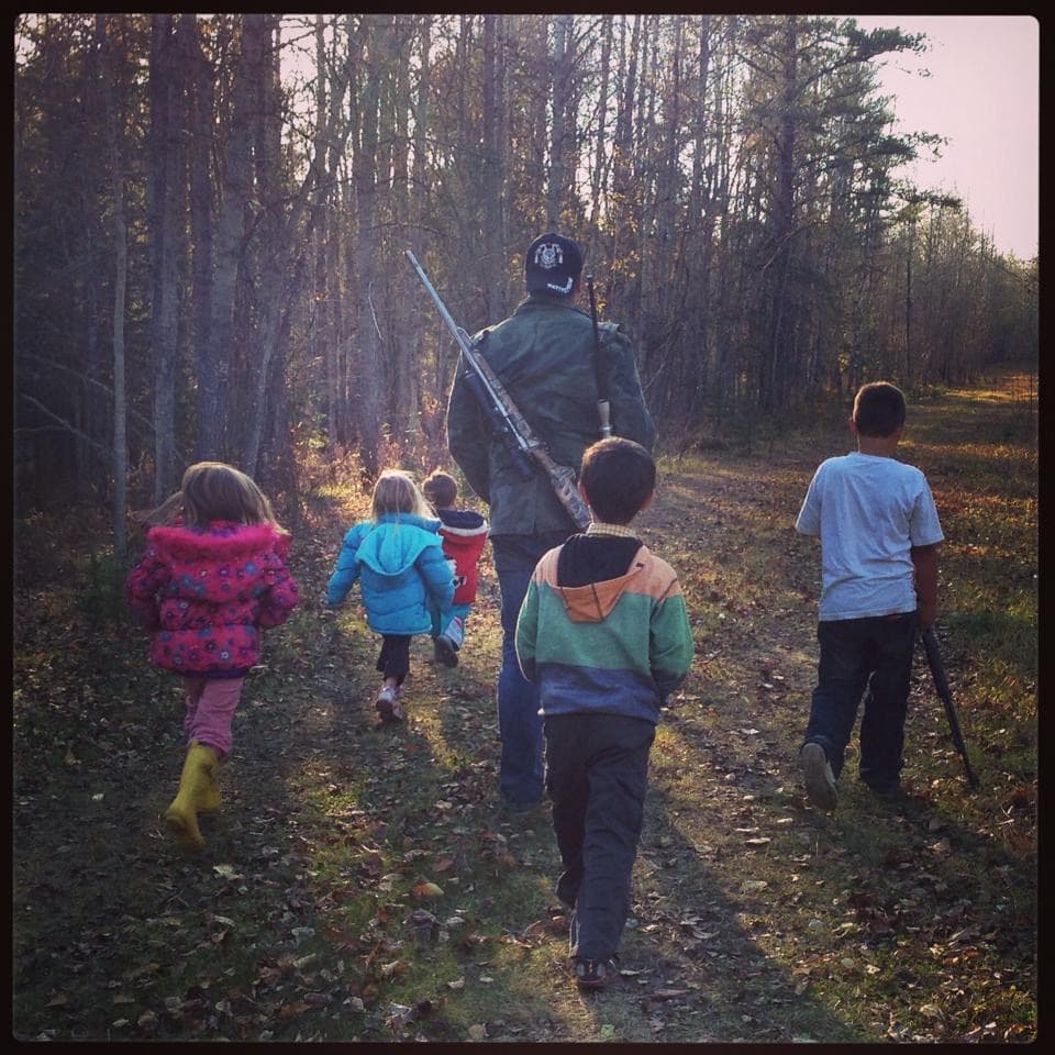 A Levasseur Sansom family photo from 2013 shows Jake's "Wolf Pack" on a medicine walk. With him are his three kids Cierra, Addison and Daylen and nephews Tharyn and Nova. His sister was ill at the time, so they did a healing ceremony in the forest. Her medical problems resolved shortly afterwards. (Courtesy of Gina Levasseur and Sarah Sansom)
