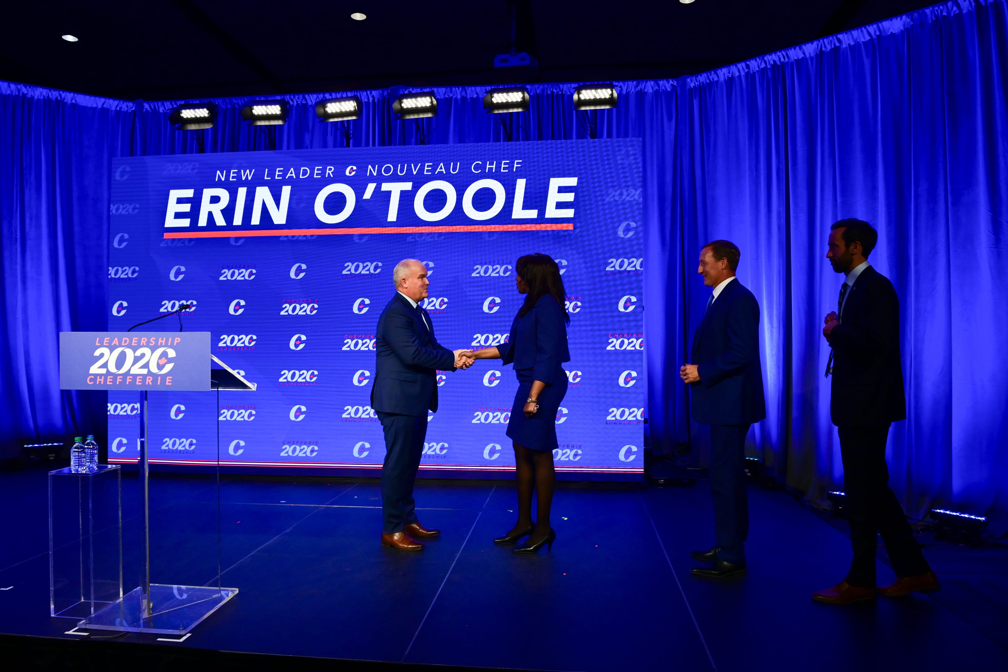 Newly elected Conservative leader Erin O’Toole shakes hands with his fellow candidates after his winning speech following the Conservative party of Canada 2020 Leadership Election in Ottawa on Monday, Aug. 24, 2020. (Sean Kilpatrick/CP)
