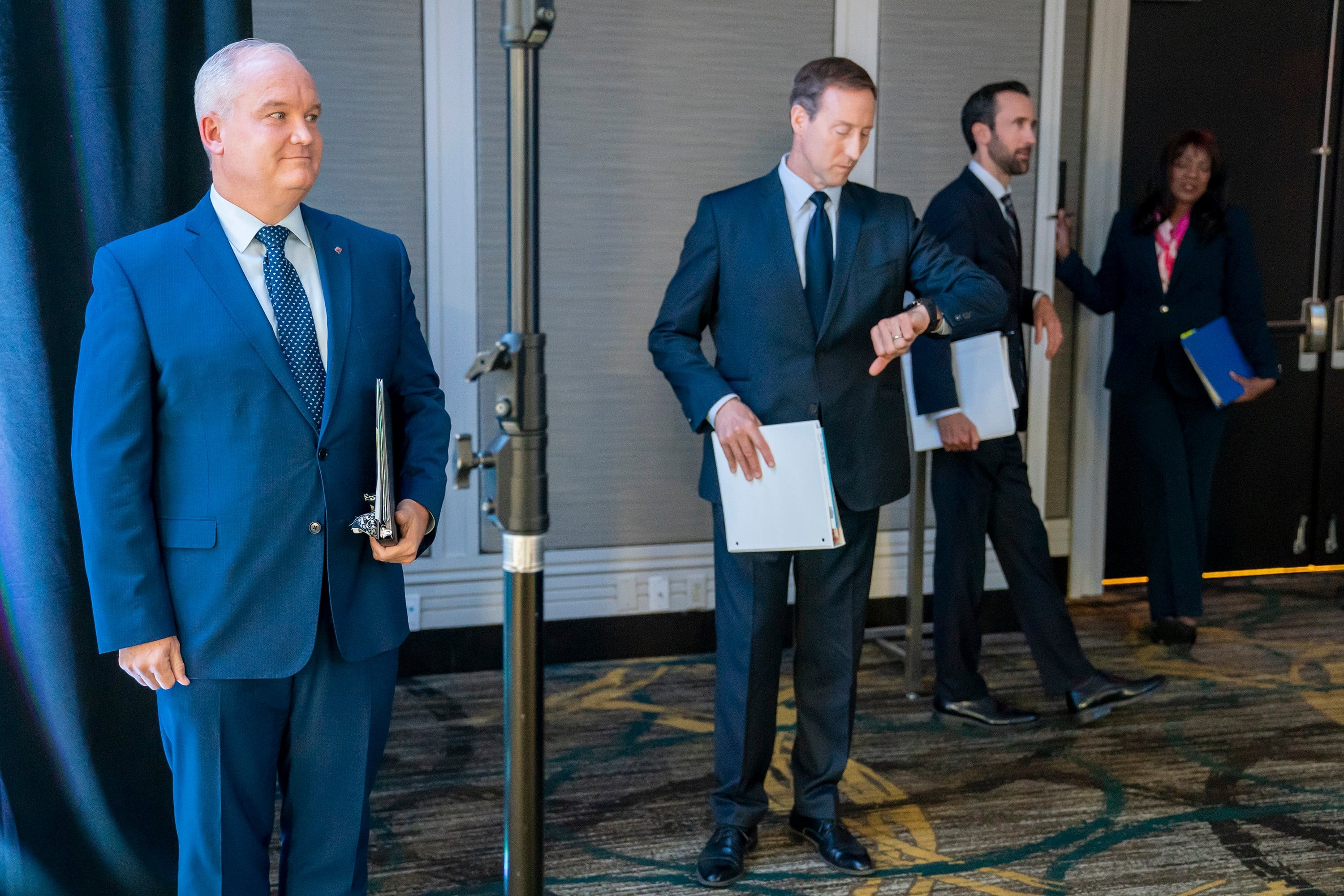 O’Toole, far left, waits in June with fellow leadership candidates (left to right) Peter MacKay, Derek Sloan and Leslyn Lewis for the start of a debate. (Frank Gunn/CP)