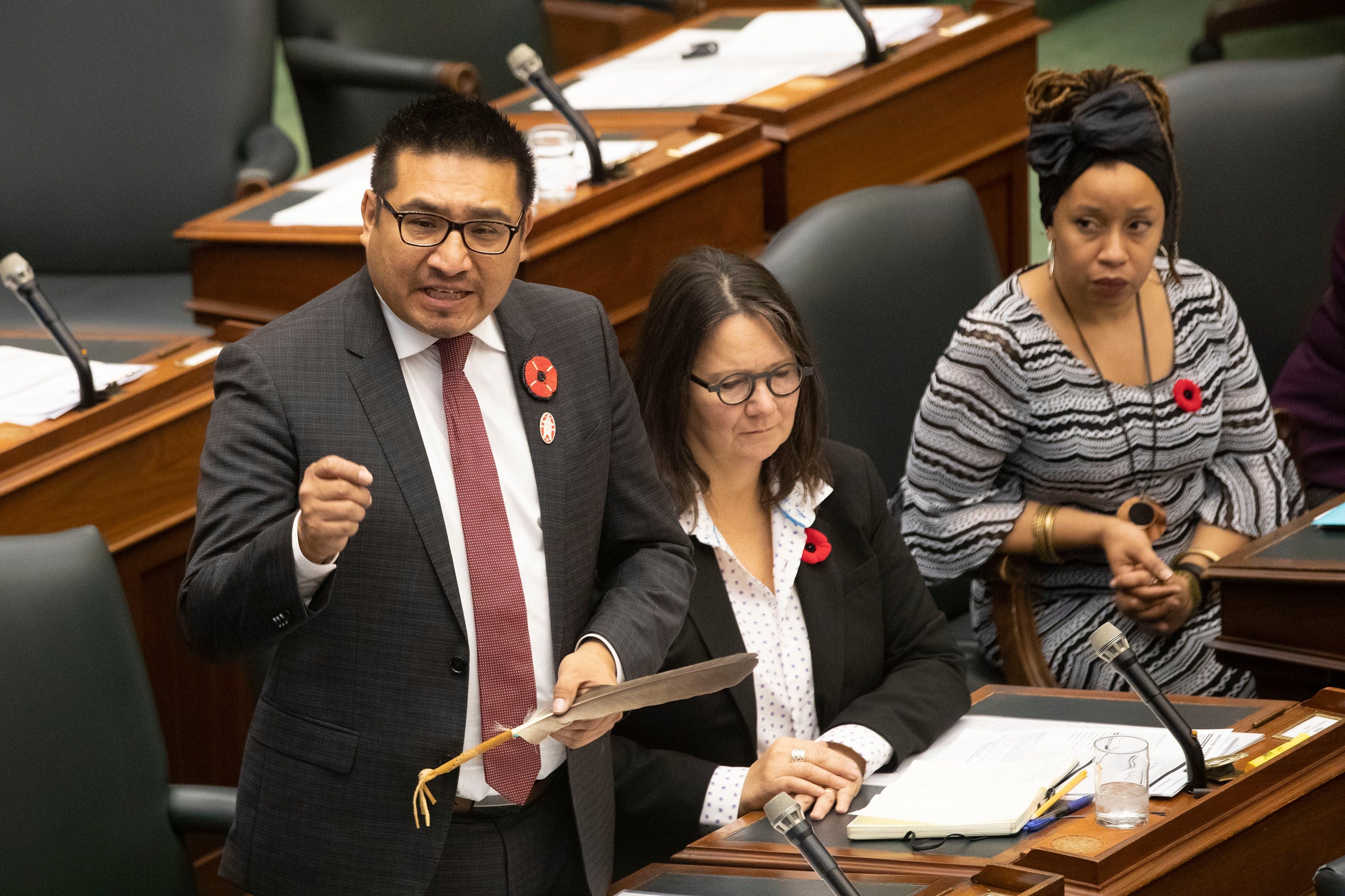 Sol Mamakwa, NDP MPP for Kiiwetinoong, stands in the Legislature during Question Period, in Toronto on Nov. 6, 2019. (Chris Young/CP)
