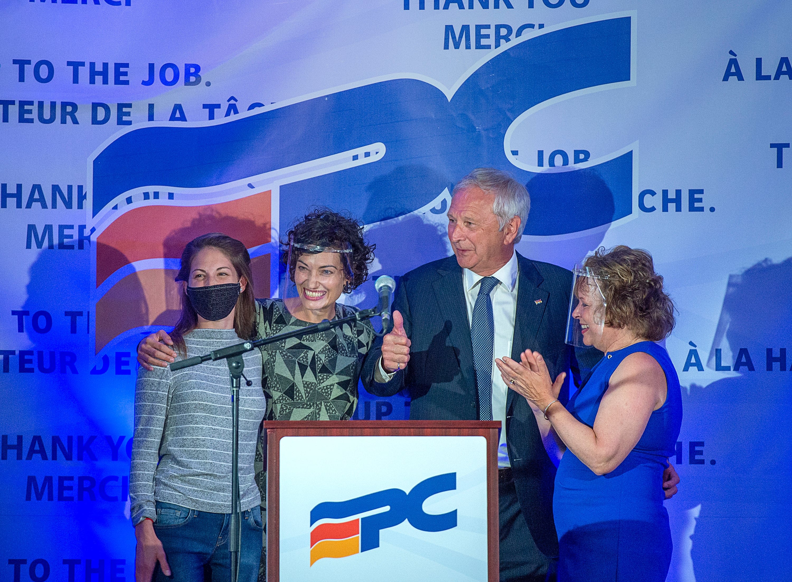 Premier Blaine Higgs with his family after winning the New Brunswick provincial election in Quispamsis, N.B. on Sept. 14, 2020 (CP/Andrew Vaughan)