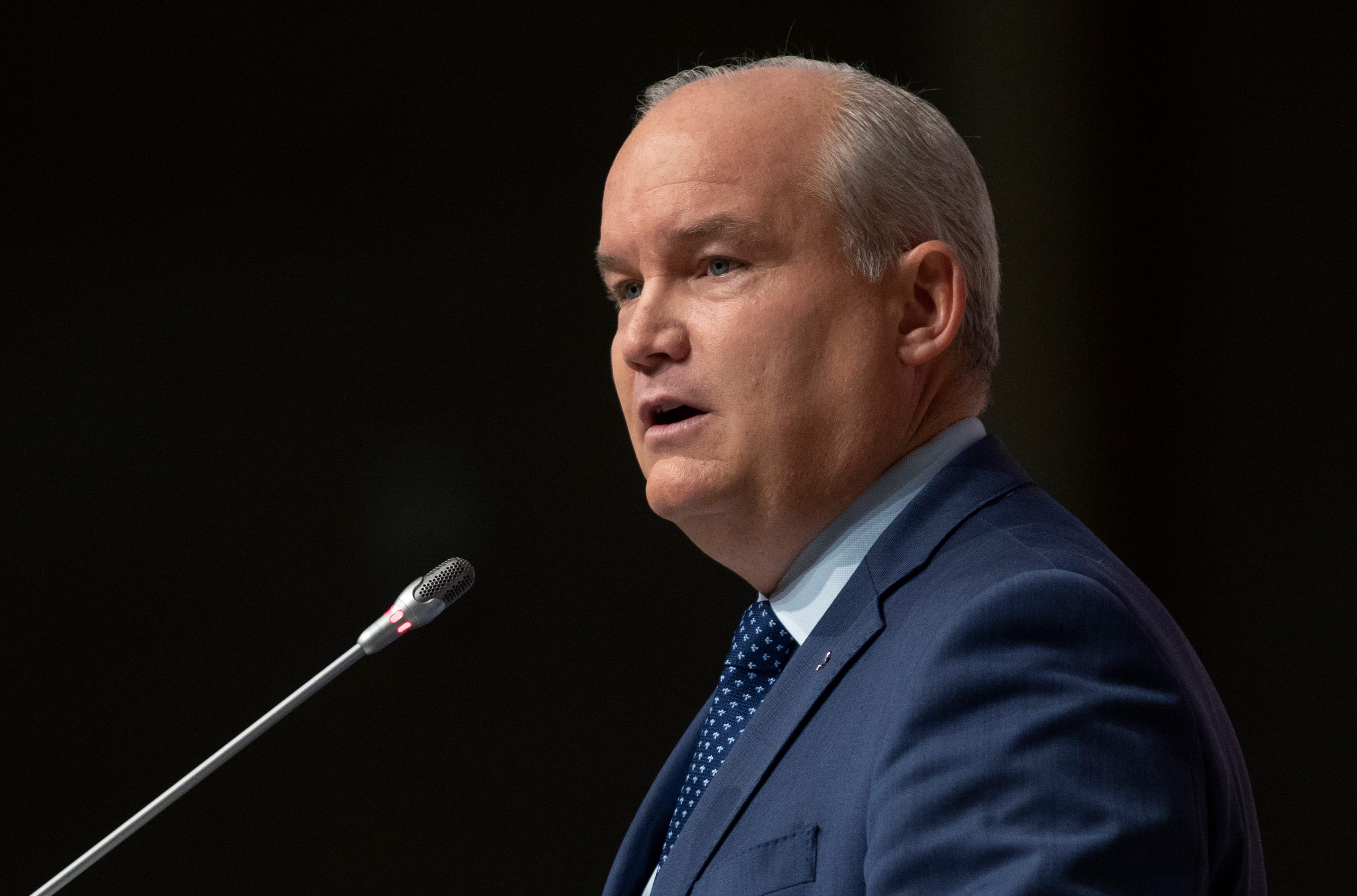 Conservative Leader and Leader of the Opposition Erin O'Toole speaks to members of the National Caucus in Ottawa, Wednesday September 9, 2020. THE CANADIAN PRESS/Adrian Wyld