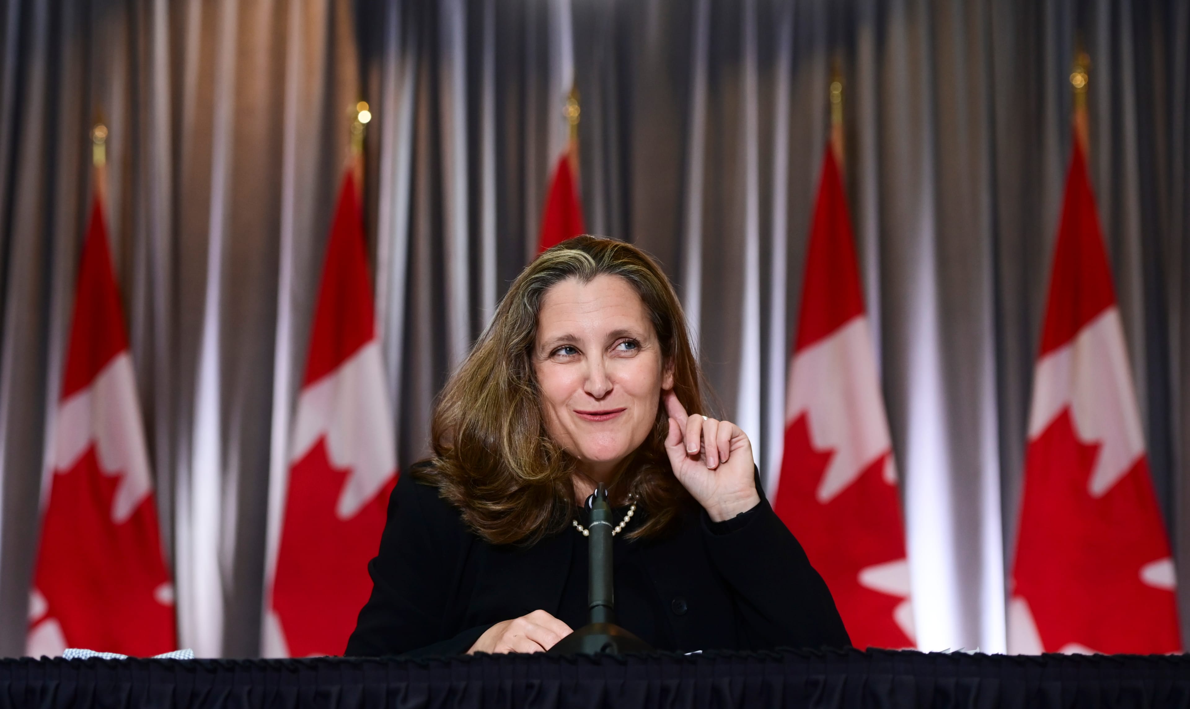Minister of Finance Chrystia Freeland holds a news conference on the second day of the Liberal cabinet retreat in Ottawa on Tuesday, Sept. 15, 2020. (Sean Kilpatrick/CP)