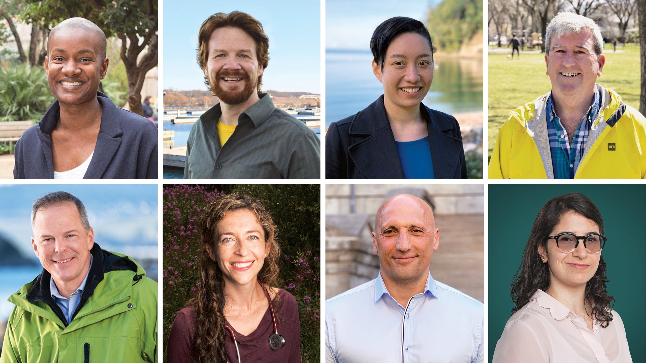 (L-R): Annamie Paul, Andrew West, Amita Kuttner, Glen Murray, David Merner, Courtney Howard, Dimitri Lascaris and Meryam Haddad (Courtesy of the Annamie Paul campaign; Courtesy of the Green Party of Canada)