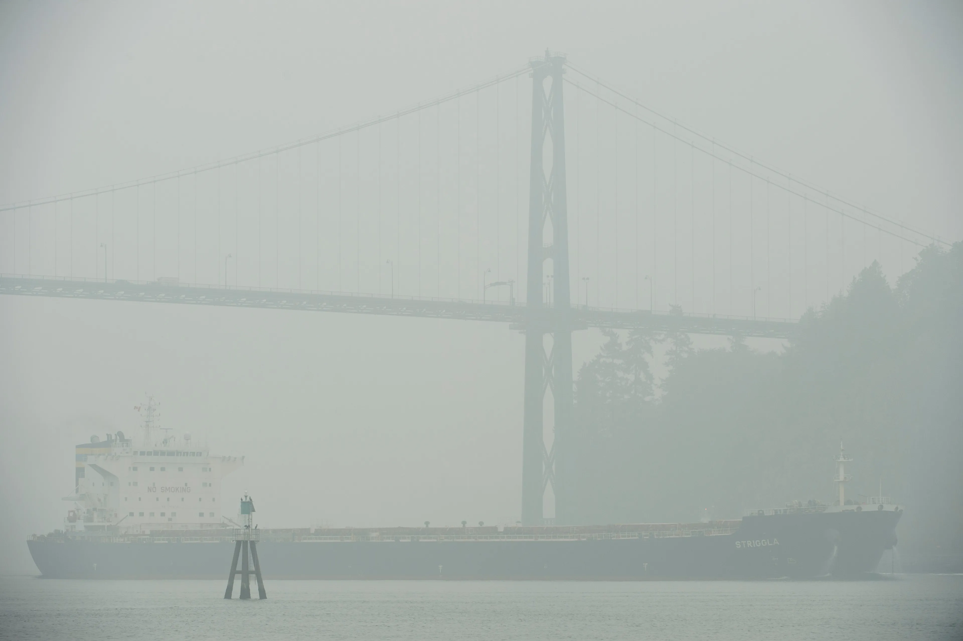 A ship comes through the smoky air under the Lion’s Gate Bridge in Vancouver. (Jonathan Hayward/CP)