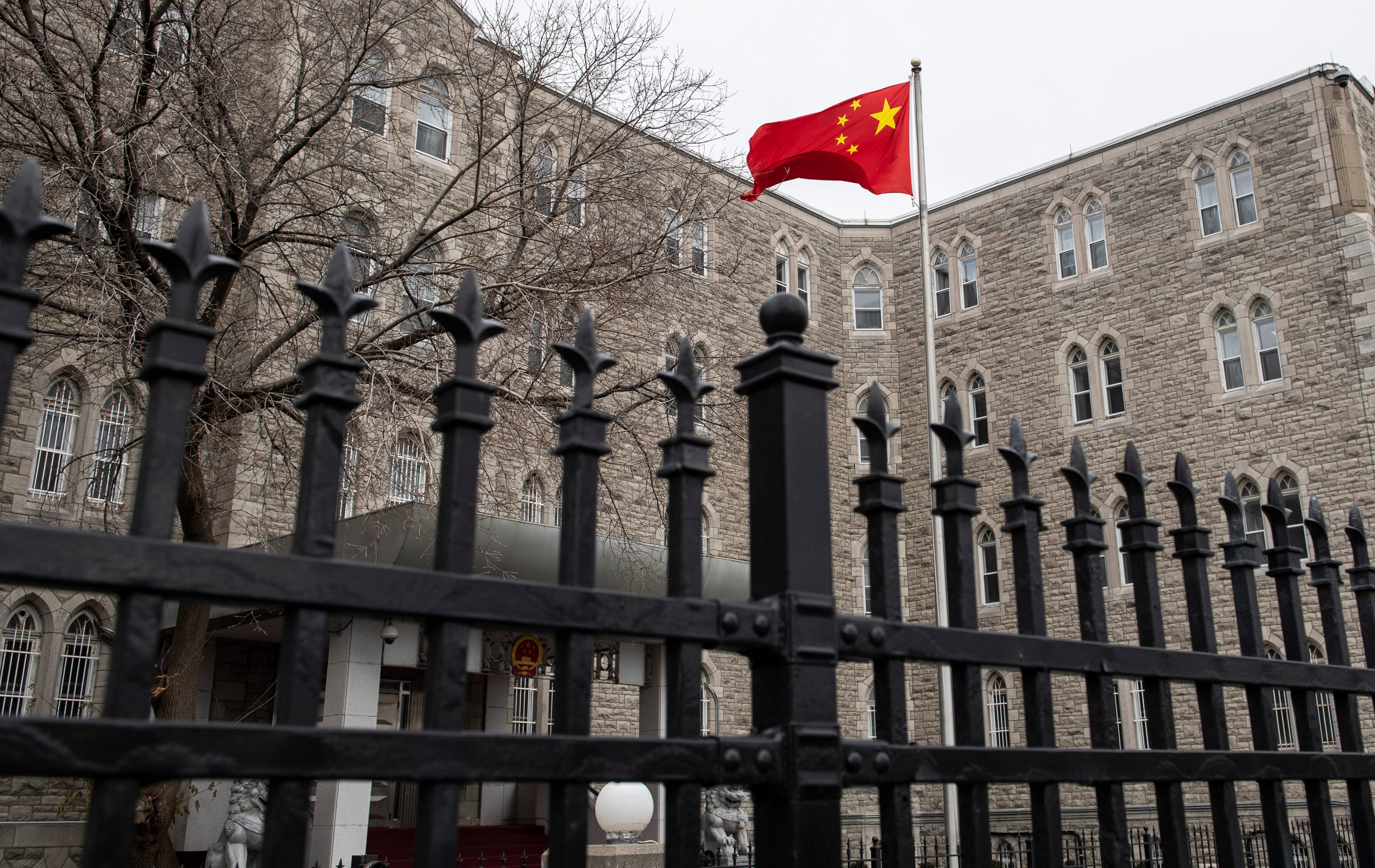 The flag of the People's Republic of China files at the Embassy of China in Ottawa, on Friday, Nov. 22, 2019. (Justin Tang/CP)